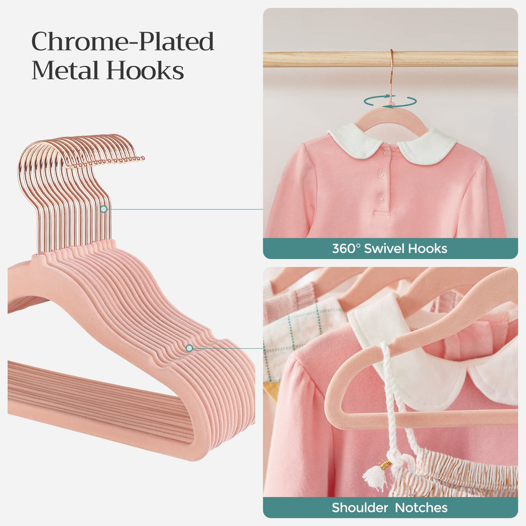 SONGMICS Baby Kids Hangers 50 Pack for Closet, 11.8 x 8.1 Inches, Rose Gold 360° Swivel Hooks, Space-Saving Clothes Velvet Hangers for Nursery, Non-Slip, Jelly Pink UCRF027P01