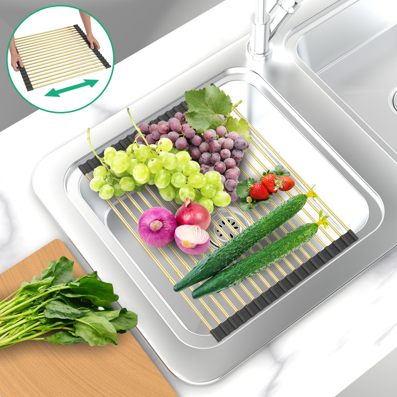 ARAINY Large Telescopic Draining Rack, Roll Up Heat-Resistant Dish Drainer for Stainless Steel Sinks, Non-Slip Silicone Rolling Dish Drainer Roll Rack Gold 18 tube12.59-21.25x12.79''
