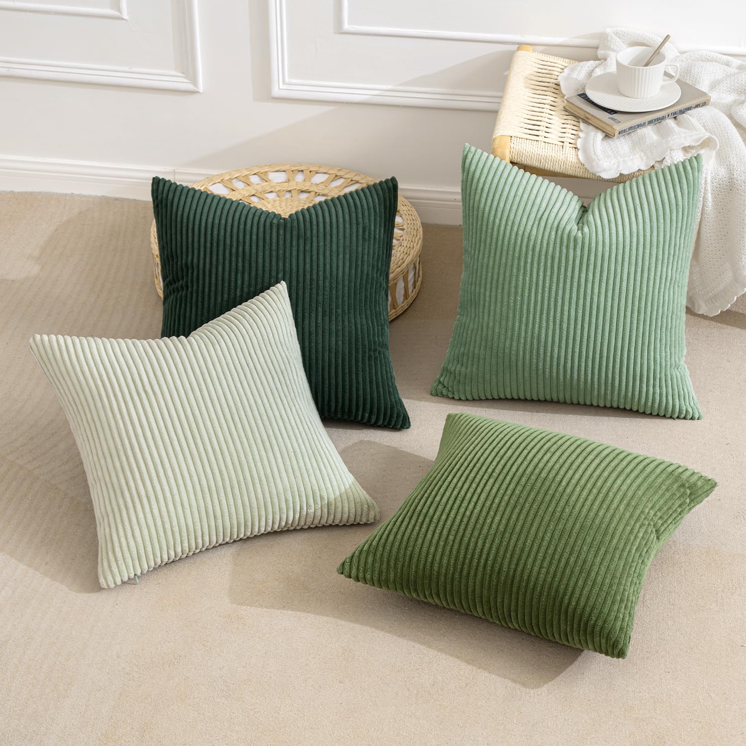 MIULEE Pack of 4 Green Corduroy Decorative Throw Pillow Covers 18x18 Inch Soft Boho Striped Pillow Covers Modern Farmhouse Home Decor for Sofa Living Room Couch Bed