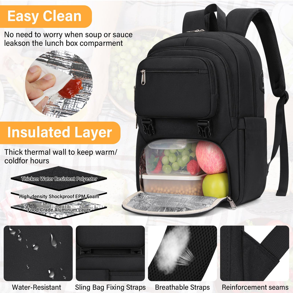 SDYSM Lunch Backpack for Men Women 15.6 Inch Laptop Backpack with USB Charging Port, Waterproof Work Backpack with Insulated Lunch Compartment Suitable for Work, Travel, College,Black