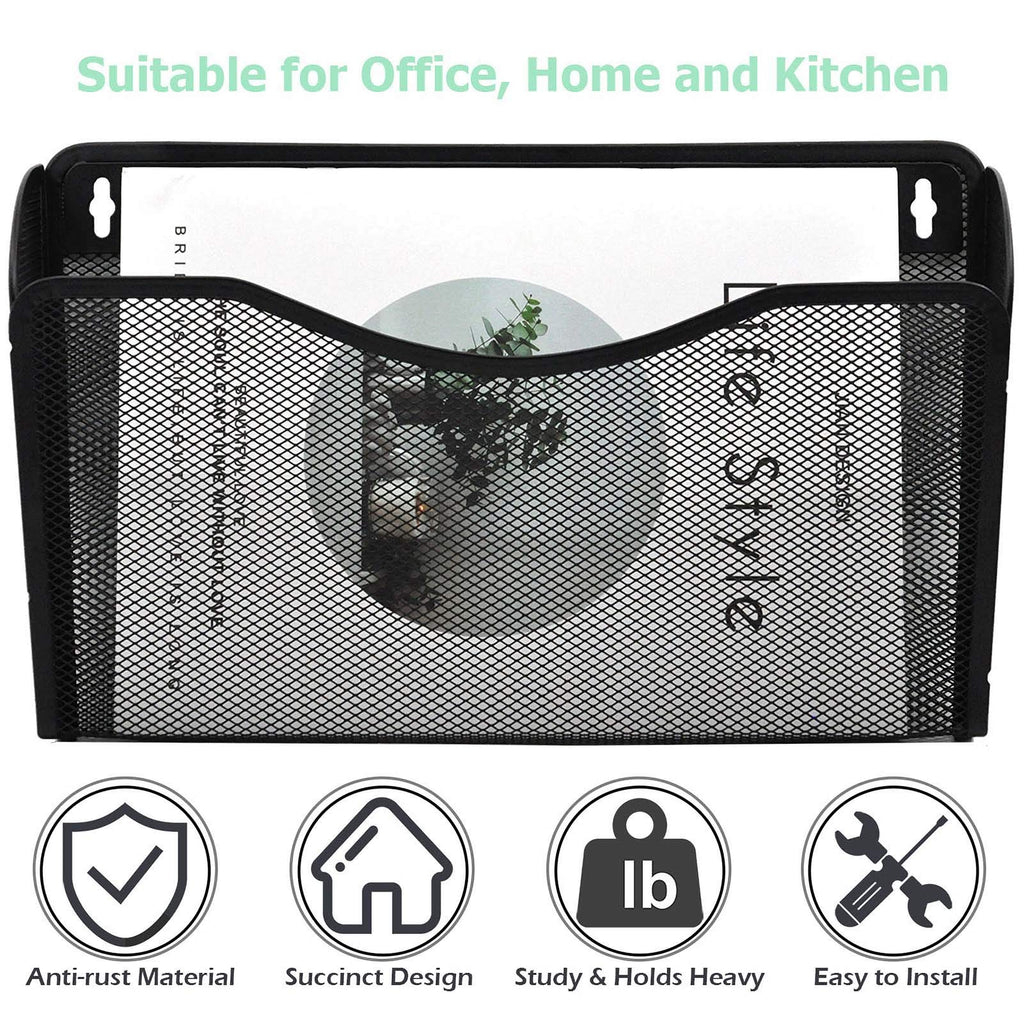 EASEPRES 3 Pack Mesh Wall Mounted File Holder Organizer Metal Hanging Vertical Paper Mails Rack Storage Wire Single Document Filling Holder Pocket for Office and Home, Black