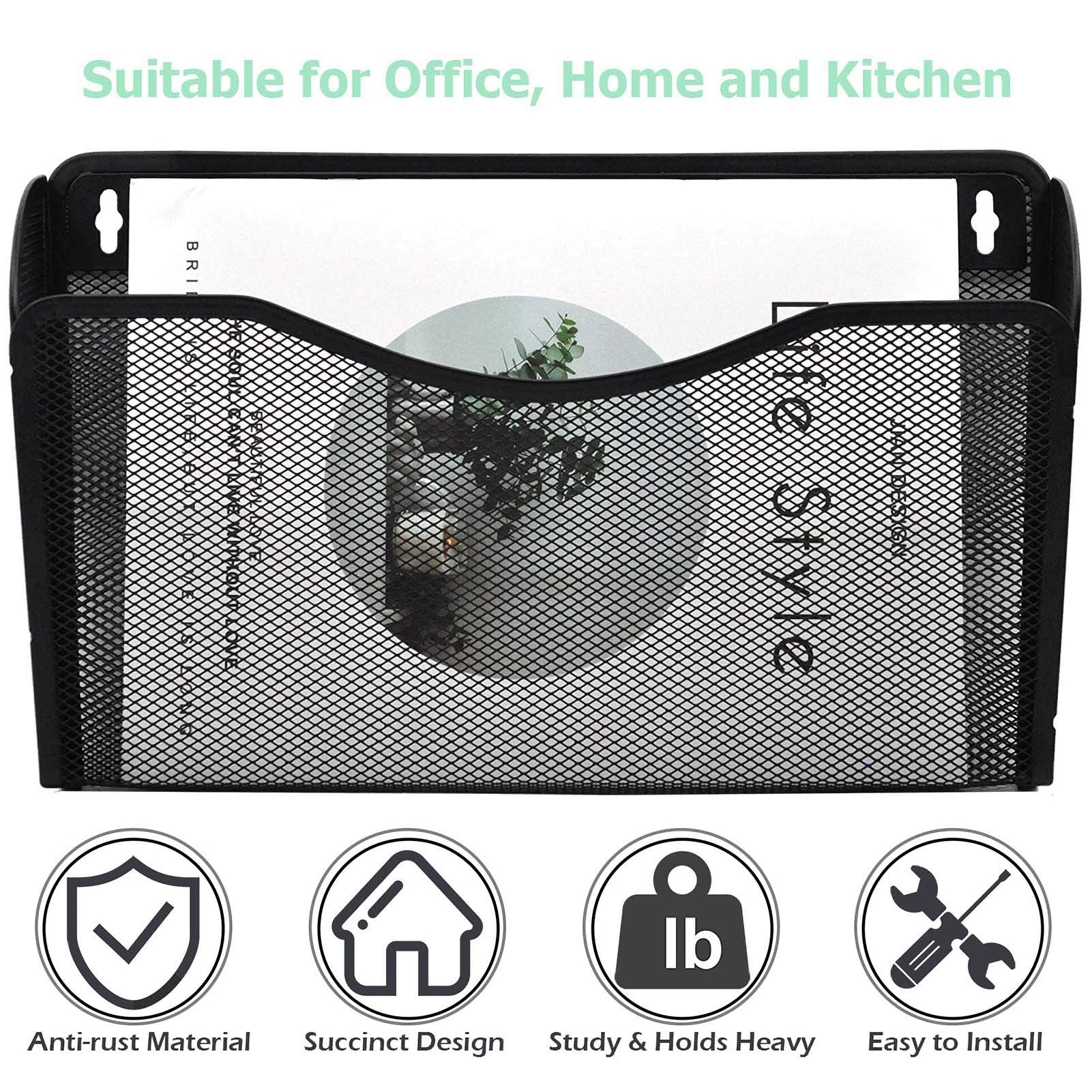 EASEPRES 3 Pack Mesh Wall Mounted File Holder Organizer Metal Hanging Vertical Paper Mails Rack Storage Wire Single Document Filling Holder Pocket for Office and Home, Black