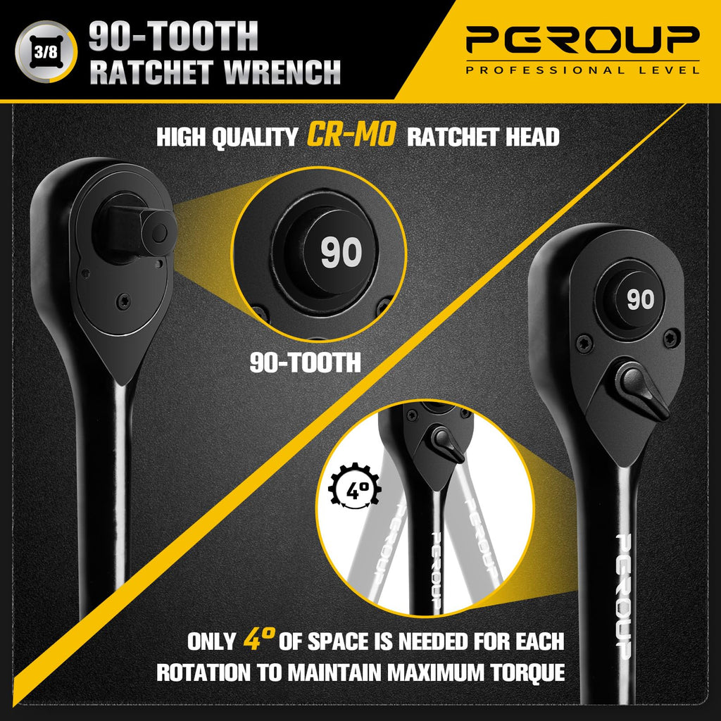 pgroup 3/8-Inch Drive Ratchet Wrench, 90 Tooth Reversible Ratchet, 4-Degree Swing, Ergonomic Handle, Chrome Alloy Made, Quick Release Ratchet Wrench for Repairing, Home, DIY