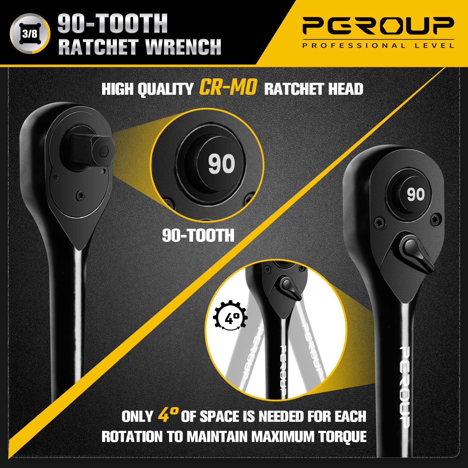 pgroup 3/8-Inch Drive Ratchet Wrench, 90 Tooth Reversible Ratchet, 4-Degree Swing, Ergonomic Handle, Chrome Alloy Made, Quick Release Ratchet Wrench for Repairing, Home, DIY