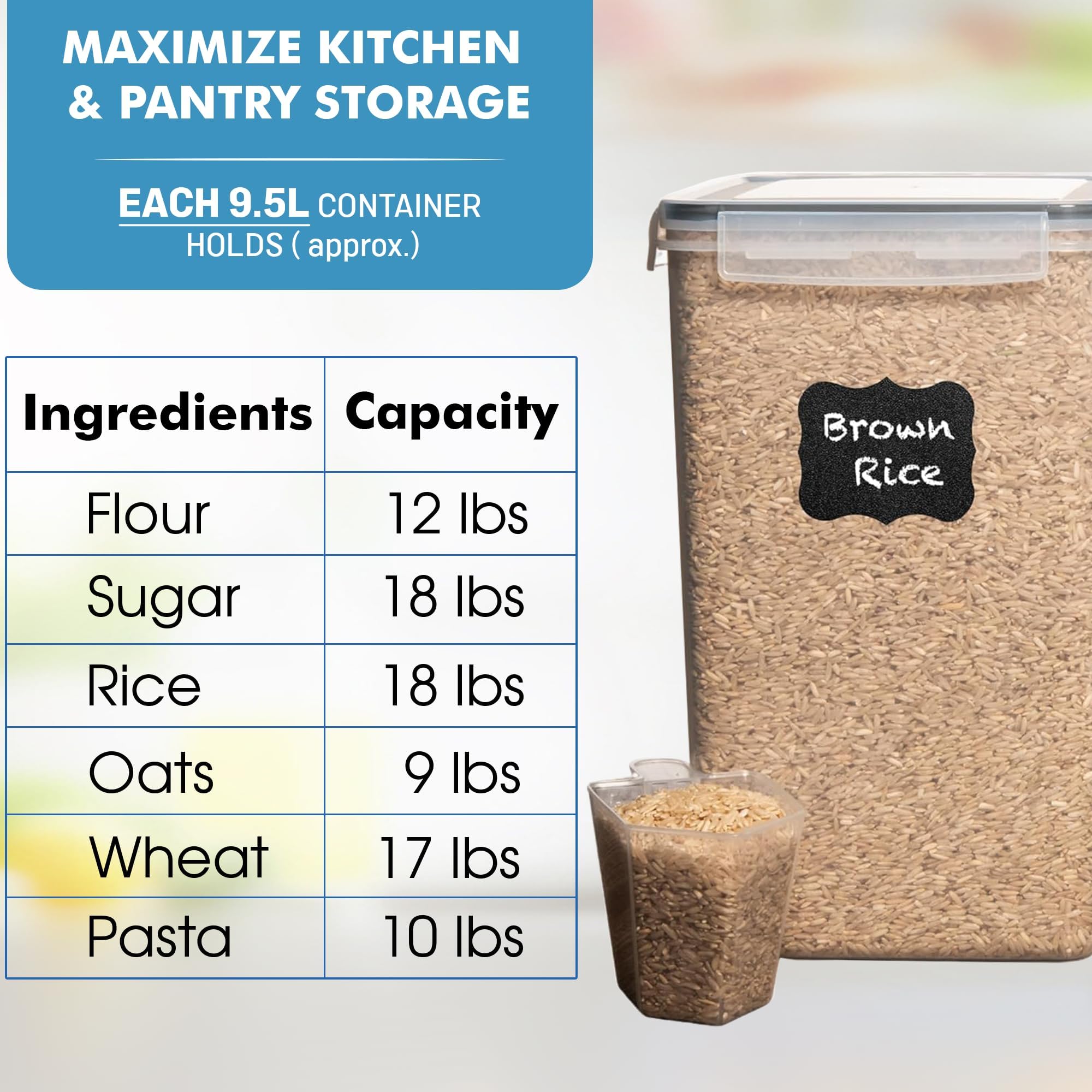 Shazo 2 PC (9.5L | 321 Oz) Flour Sugar Storage Containers - Plastic Extra Large Food Storage Containers with Lids, BPA Free Airtight Kitchen Canister Set for Rice, Cereal & Pasta