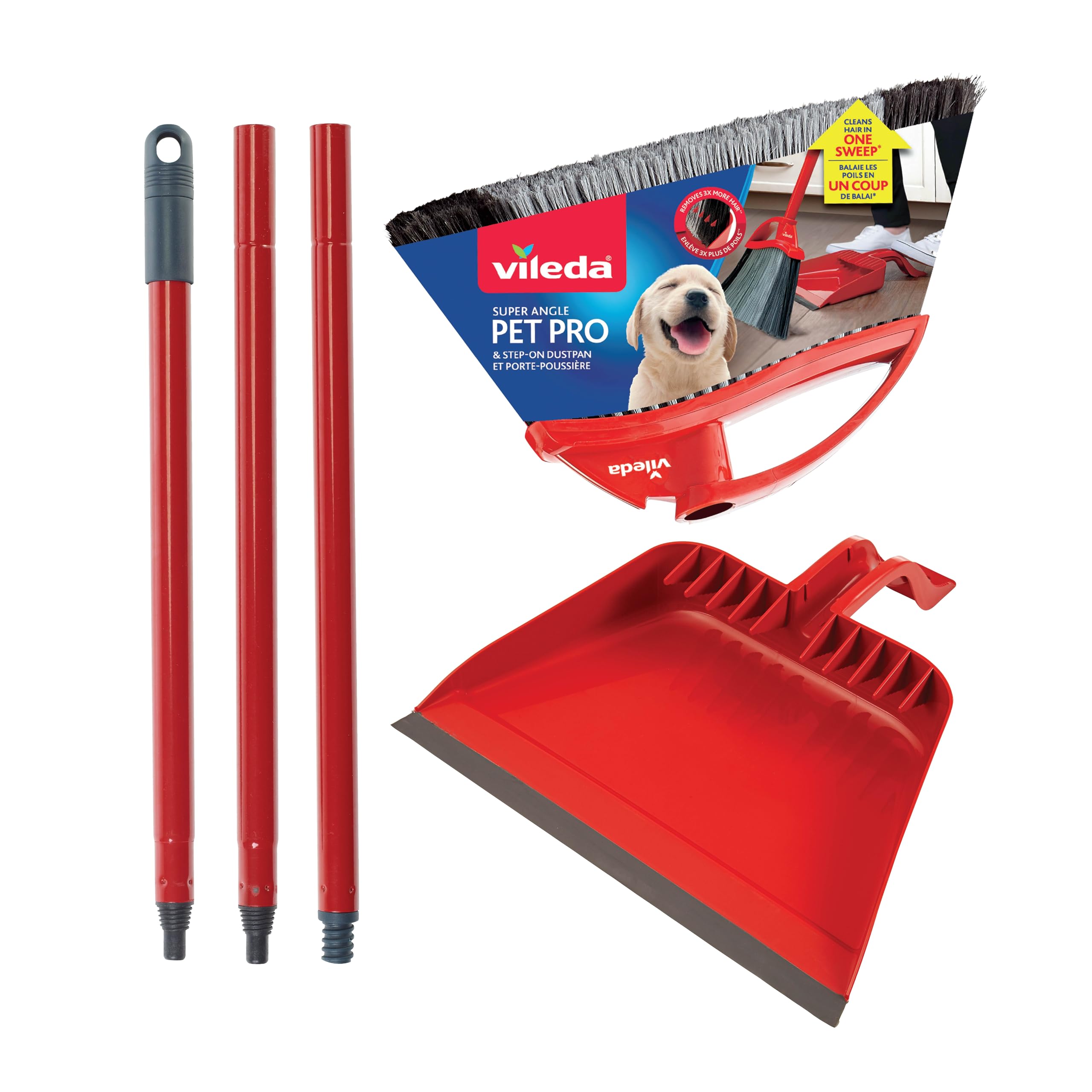 Vileda Pet Pro Broom with Step-On Dustpan and 3-Piece Handle | Remove 99% Dust and Dirt in One Sweep