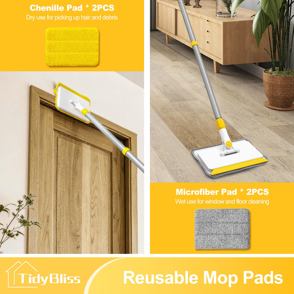 TidyBliss Baseboard Cleaner Tool with Handle, 55.9” Long Wall and Base Board Cleaning Mop, 4 Reusable Pads, 1 Stiff Bristle Scrubber Brush for Floorboard Ceiling Cabinet Window Bathroom (Yellow)