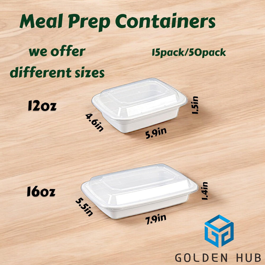Golden Hub 50 Pack 16 oz White Meal Prep Containers with Lids, Rectangular Plastic Take Out Containers, Microwavable & BPA-Free Food Storage for Lunch & Portion Control