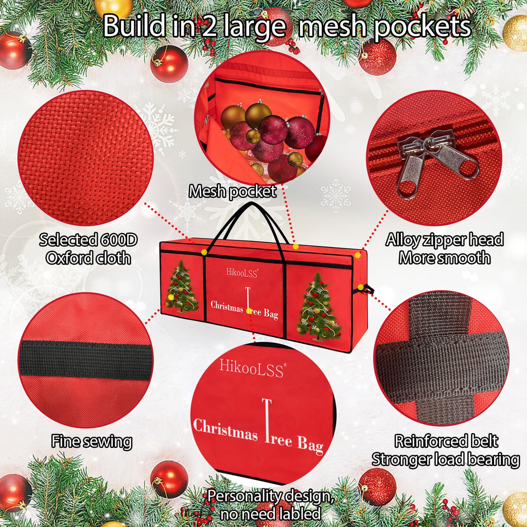 HikooLSS Christmas Tree Bags Storage 7.5 Ft Large Christmas Tree Storage Bag,Reusable Heavy Duty 600D Oxford Christmas Tree Box/Container for Big Artificial/Holiday Trees Red(60X18X25in)