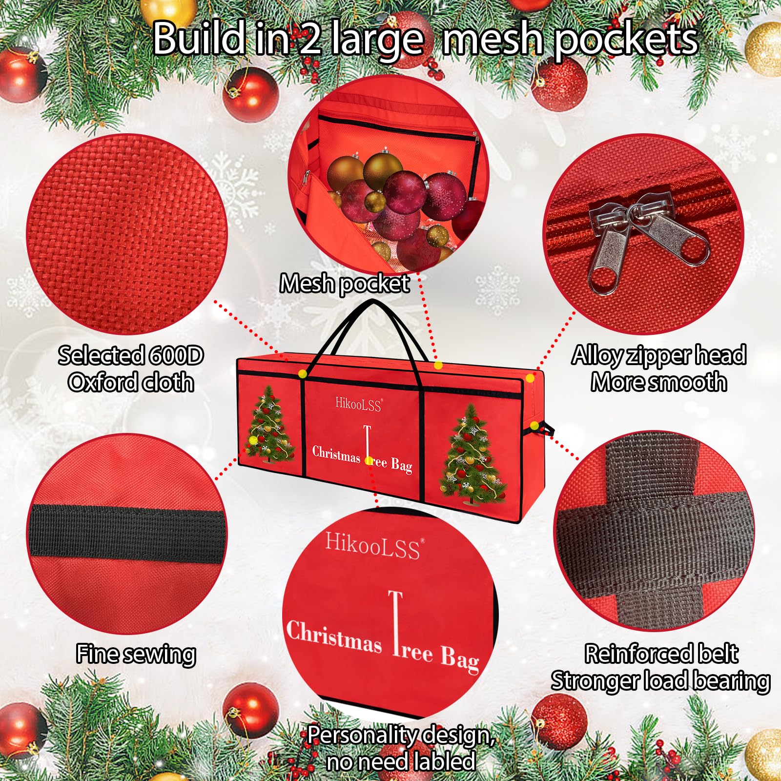 HikooLSS Christmas Tree Bags Storage 7.5 Ft Large Christmas Tree Storage Bag,Reusable Heavy Duty 600D Oxford Christmas Tree Box/Container for Big Artificial/Holiday Trees Red(60X18X25in)