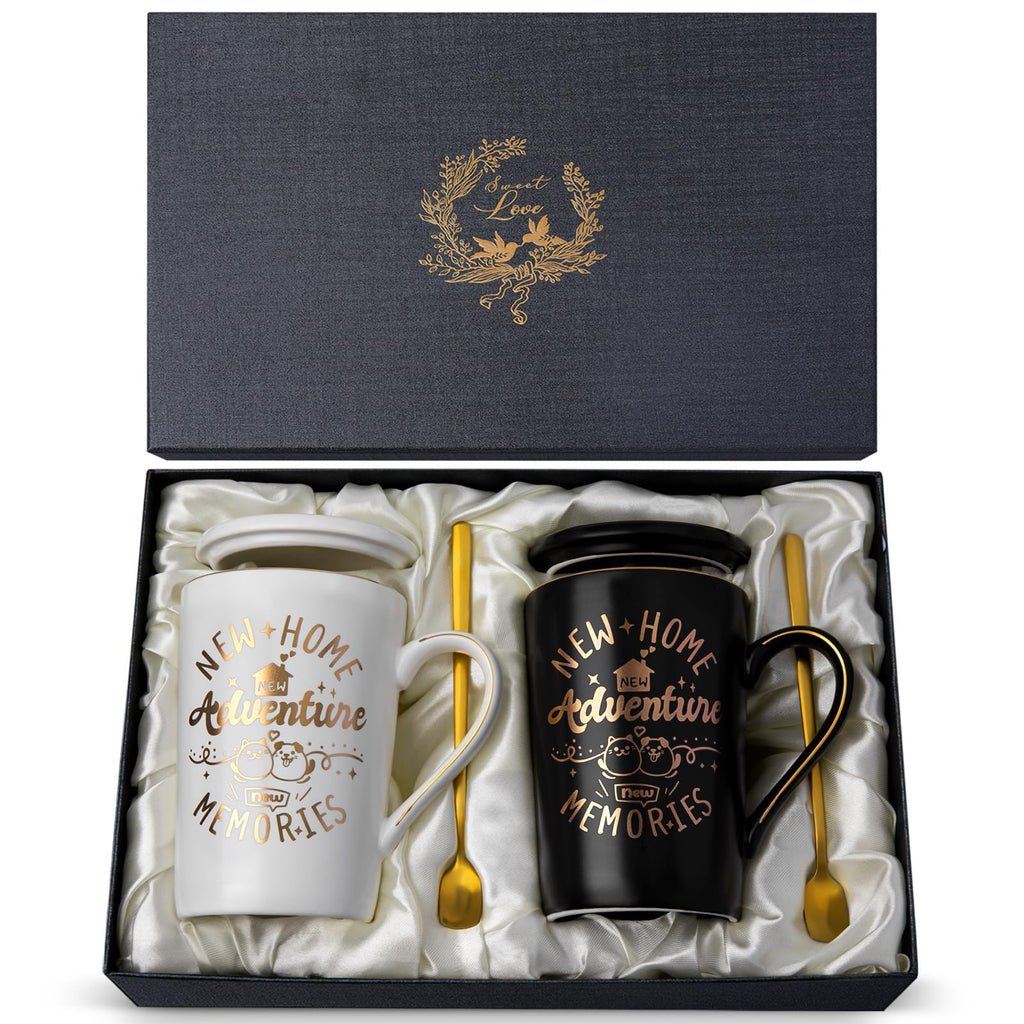 House Warming Gifts for New Home, New Home Gift Ideas for Couples, 14OZ Ceramic Couple Mug Set with Gold Spoon Greeting Card Luxury Box for Neighbor Friend