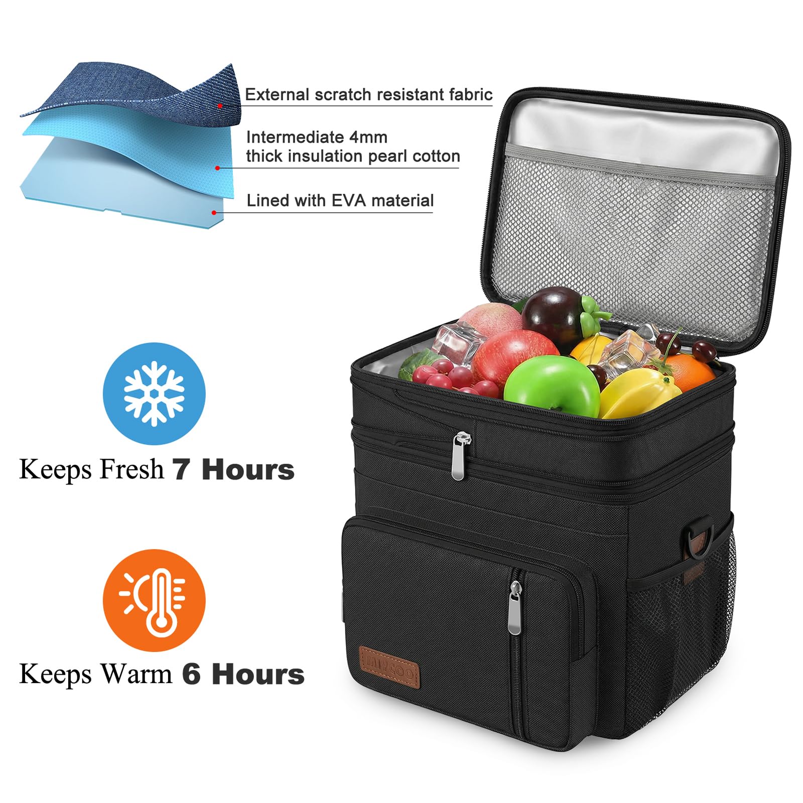 Lunch Bag for Women Men Double Deck Lunch Box - Leakproof Insulated Soft Large Lunch Cooler Bag, MIYCOO (Black,15L)
