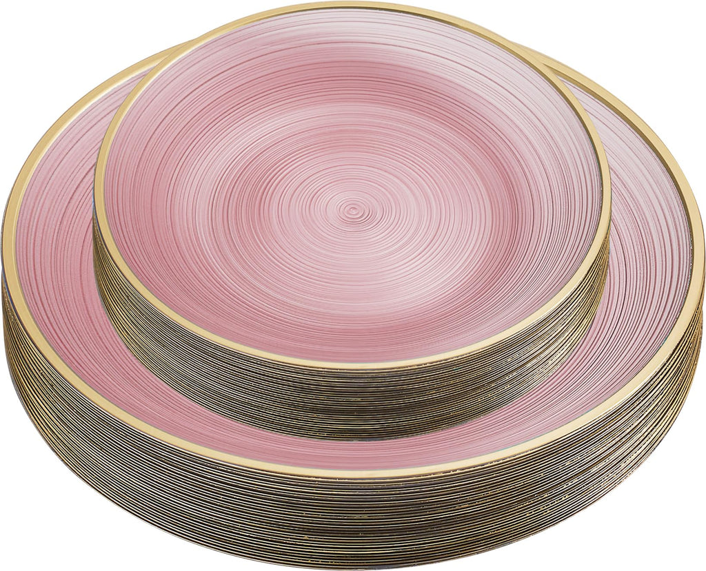 PLASTICPRO 32 Pieces Crystal Design Plastic Plates Combo Pack 7 inch and 10 inch Gold Rim Elegant Disposable Plates, Transparent Pink