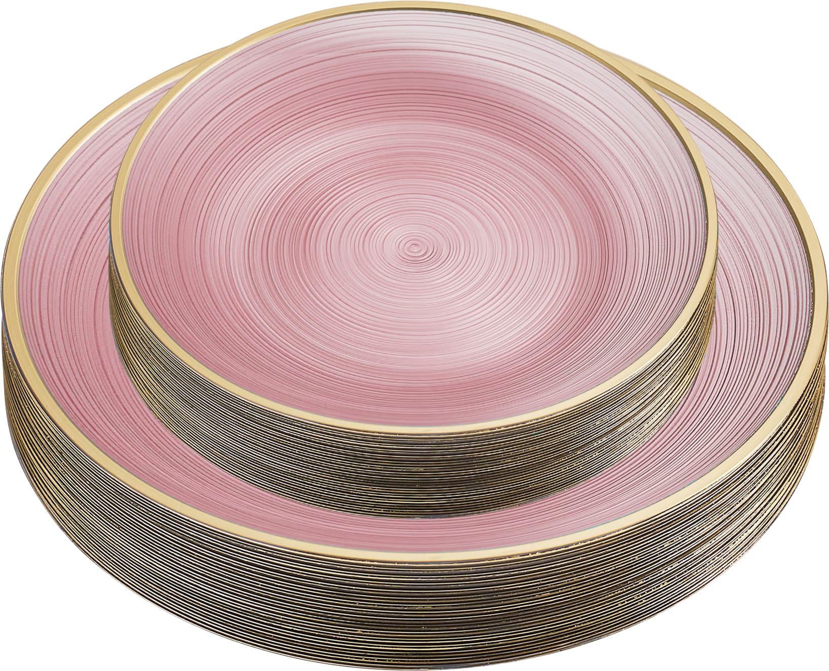 PLASTICPRO 32 Pieces Crystal Design Plastic Plates Combo Pack 7 inch and 10 inch Gold Rim Elegant Disposable Plates, Transparent Pink