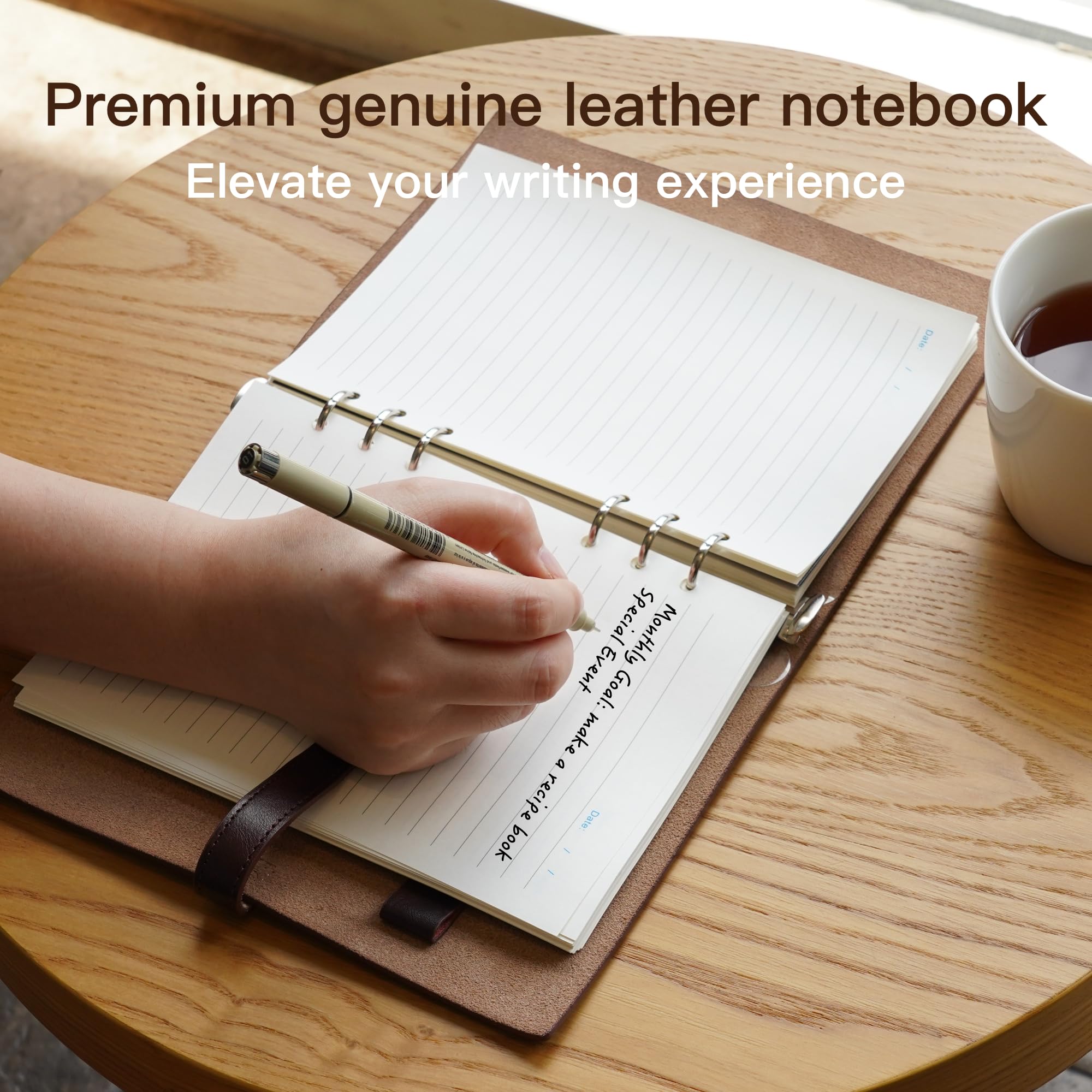 Adeerus Refillable A5 Leather Binder Notebook, Reusable Leather Journal, Vintage Organizer with 6-Ring Metal Binder, 120 Pages Lined Paper & Pocket, for Writers Business Work Study College and Daily