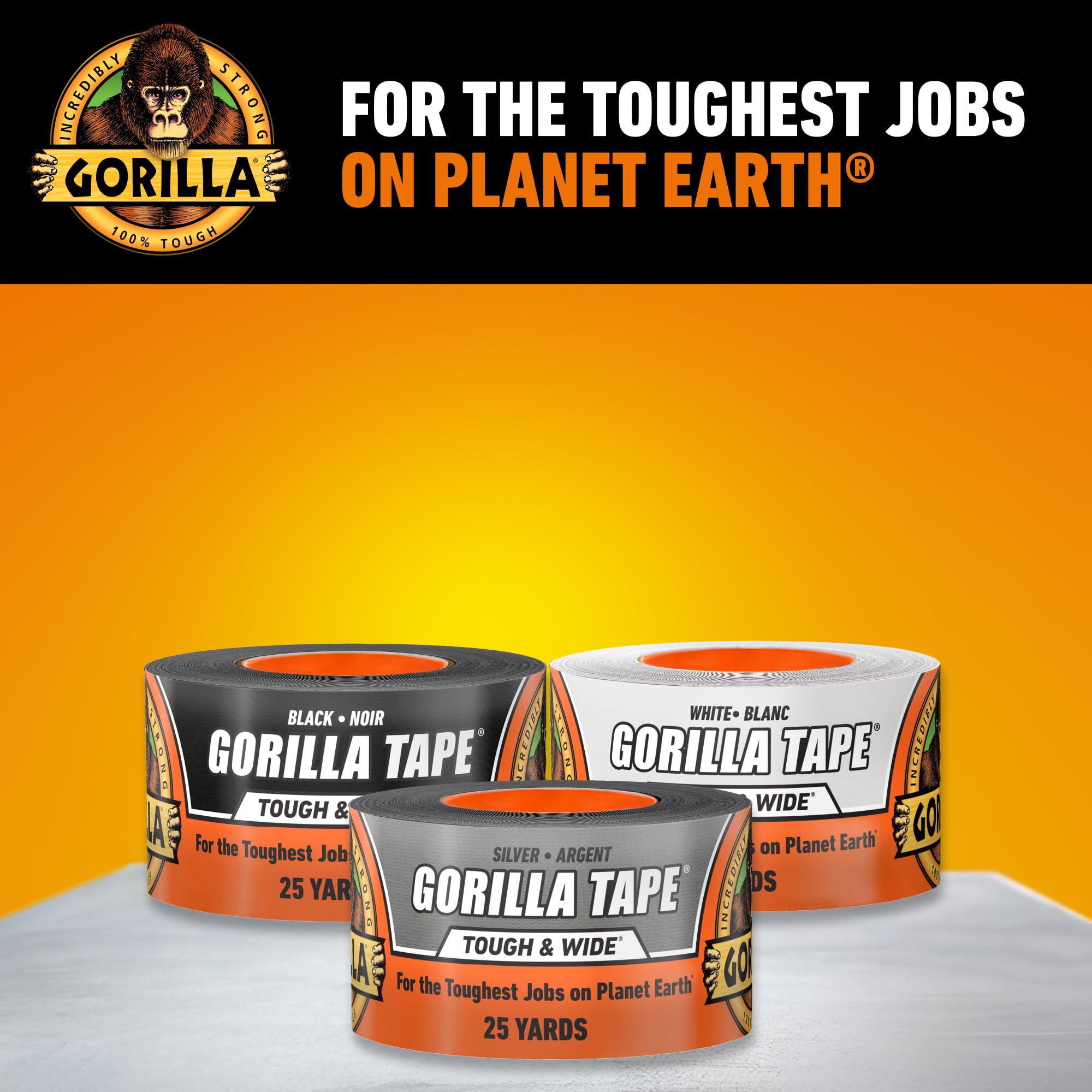 Gorilla Tough & Wide All Purpose Universal Duct Tape, Double-Thick Adhesive, All Weather Resistant Shell, Reinforced Backing, Silver, 2.88 in x 25 yd