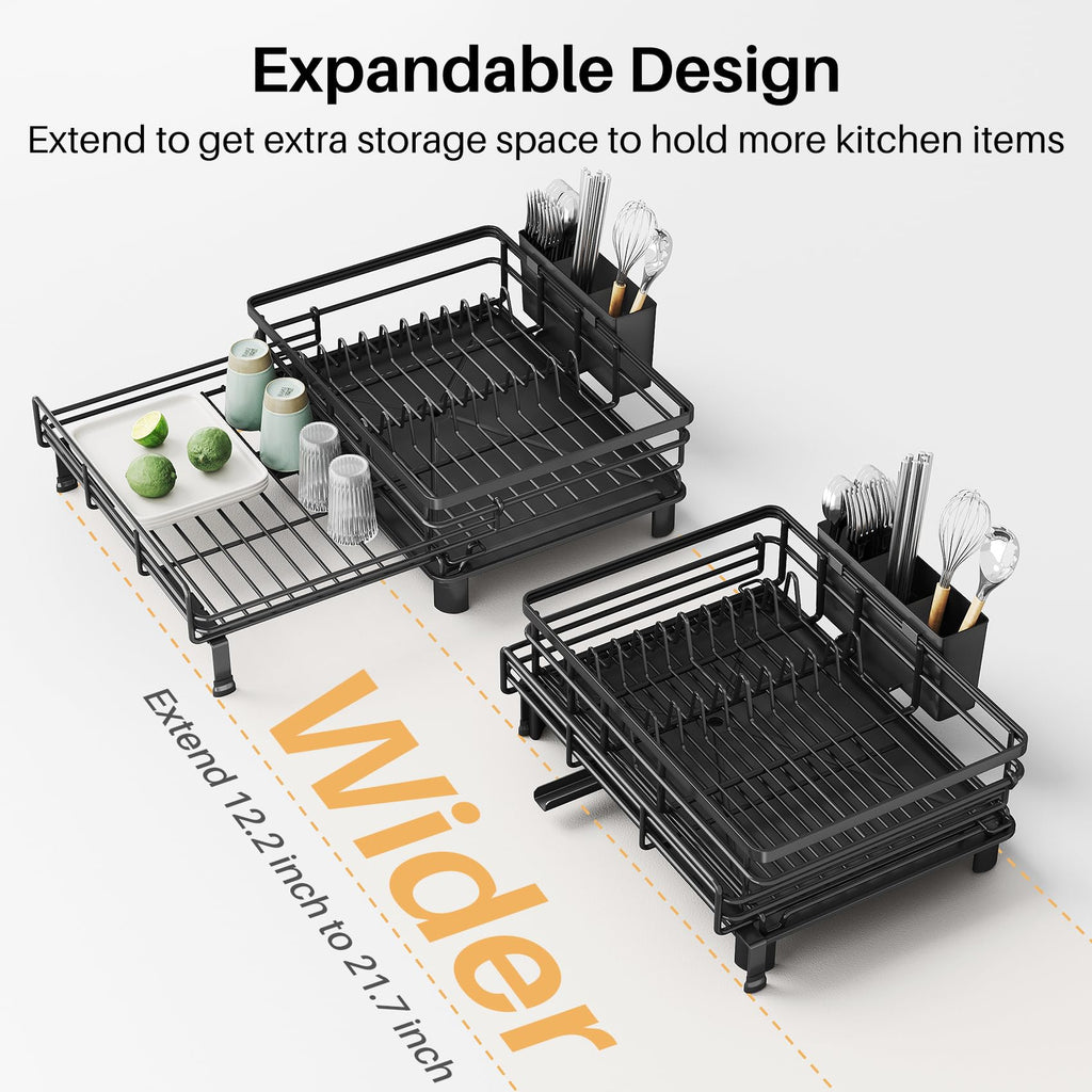 Dish Drying Rack - Extendable Dish Rack, Large Sink Drying Dish Drainer for Kitchen Counter, Stainless Steel Dish Strainer with Utensil Holder (Black)