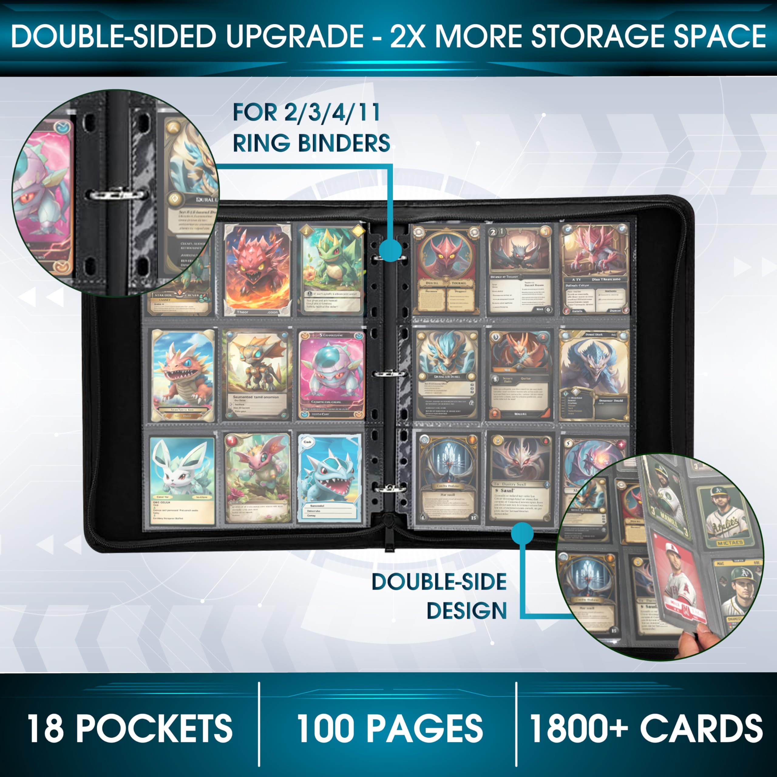 ROTHRATHER 100 Pack 1800 Black Pockets Trading Card Sleeve Pages - Baseball Card Sleeves for 3 Ring Binders - Standard Size Sheet Protectors for Trading, Sports, Game, and Photo Cards