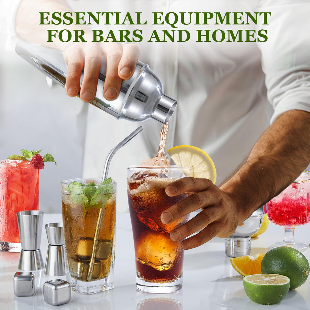 Cocktail Shaker Set, 23-Piece Stainless Steel Bartender Kit with Acrylic Stand & Cocktail Recipes Booklet, Professional Bar Tools for Drink Mixing, Home, Bar, Party (Sliver, 25oz)