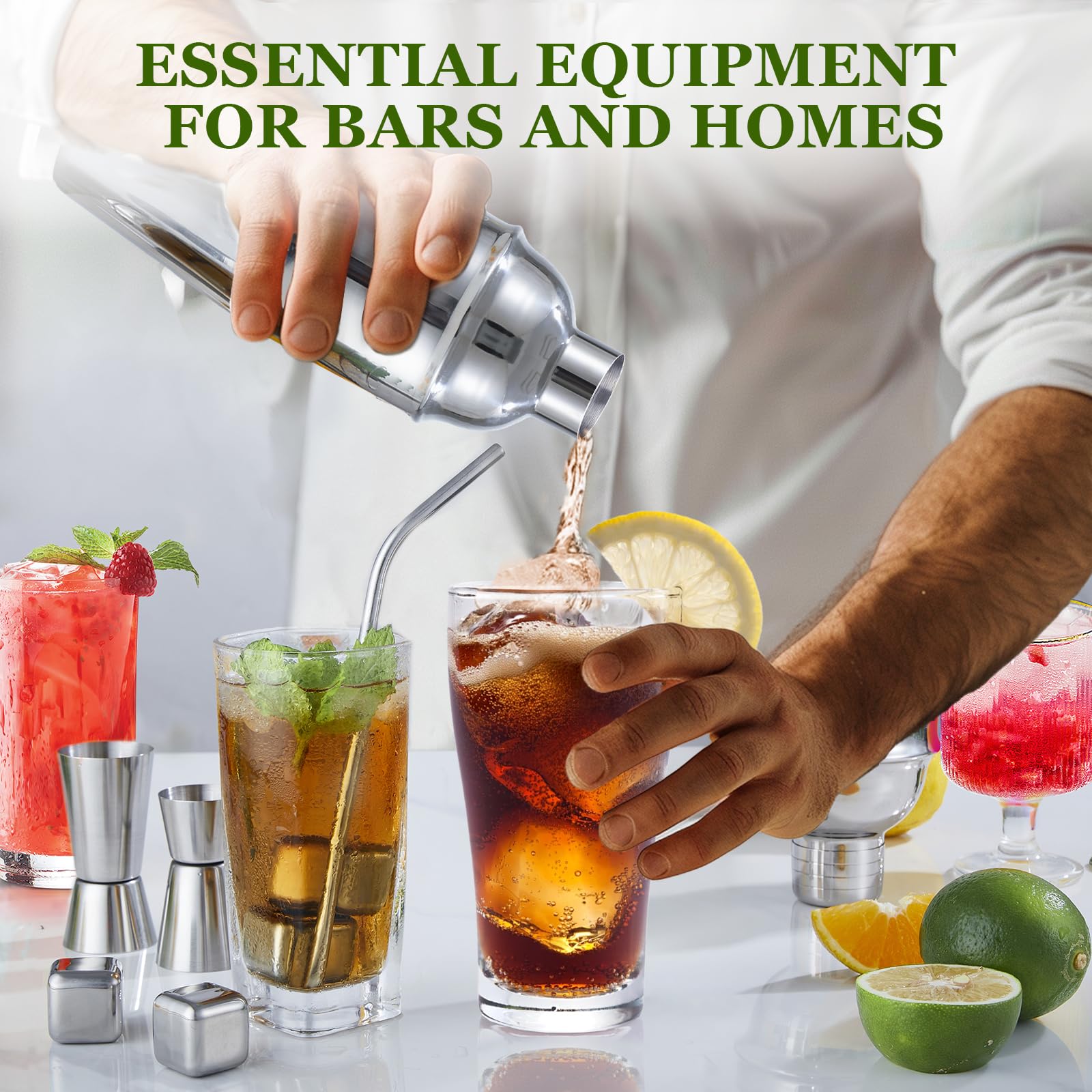 Cocktail Shaker Set, 23-Piece Stainless Steel Bartender Kit with Acrylic Stand & Cocktail Recipes Booklet, Professional Bar Tools for Drink Mixing, Home, Bar, Party (Sliver, 25oz)