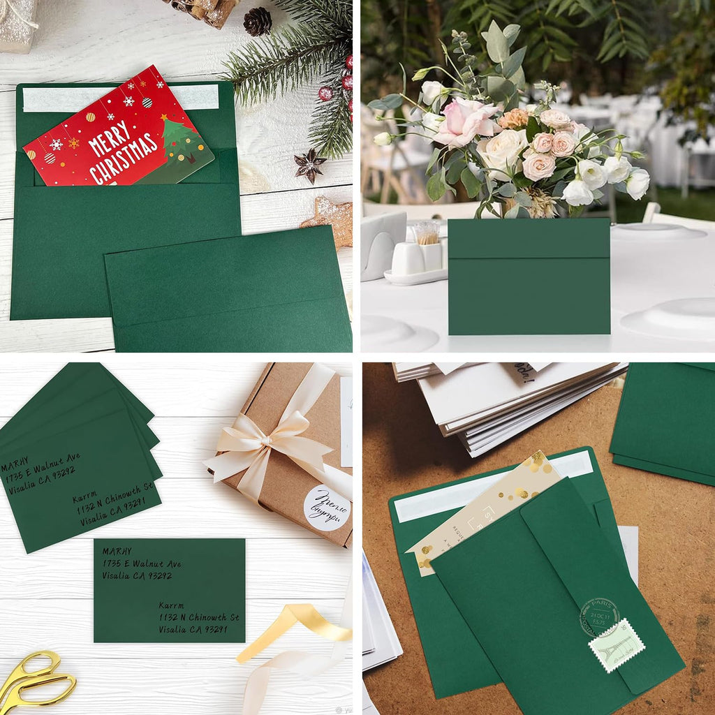 BEANPRECOY 100 Pcs A7 Envelopes, Self-Adhesive Envelopes, 5x7 Envelopes, Printable Invitation Envelopes for Weddings Invitations, Party Invitations, Photos, Postcards, Greeting Cards (Dark Green)