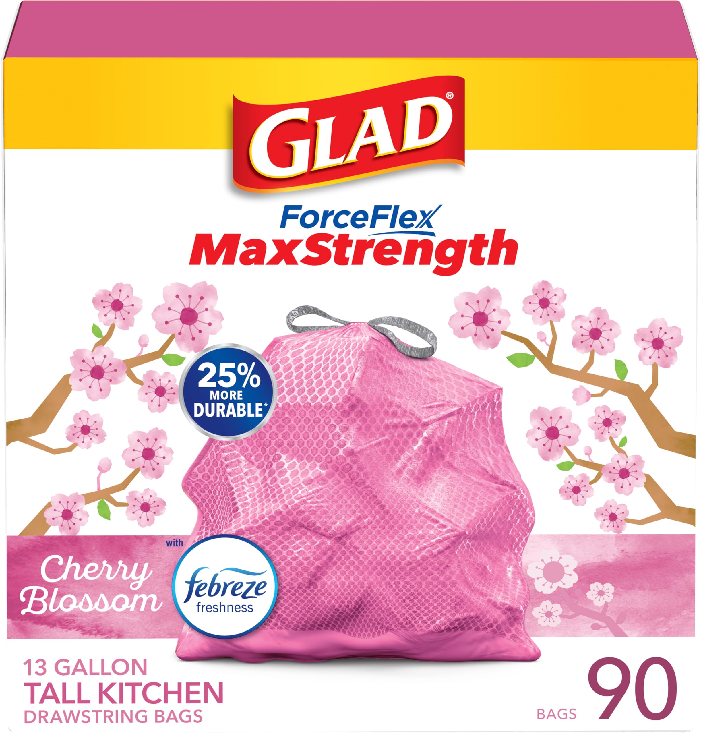 Glad ForceFlex MaxStrength Tall Kitchen Drawstring Trash Bags, 13 Gal, 90 Ct (Package May Vary)