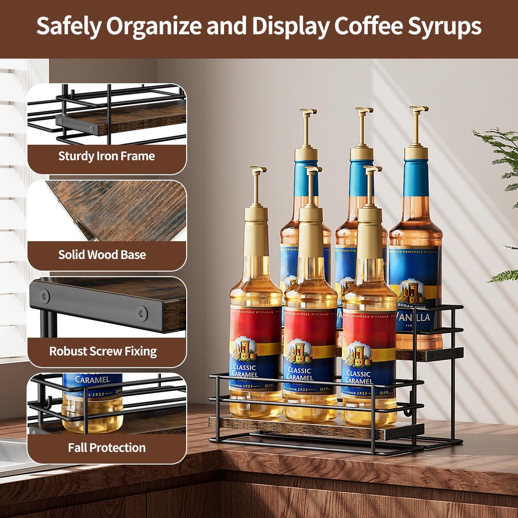Nuovoware Coffee Syrup Organizer, 2-Tier 6 Bottles Separable Metal Rack with Wooden Base Whiskey Wine Dressing for Countertop Kitchen Bar, Black