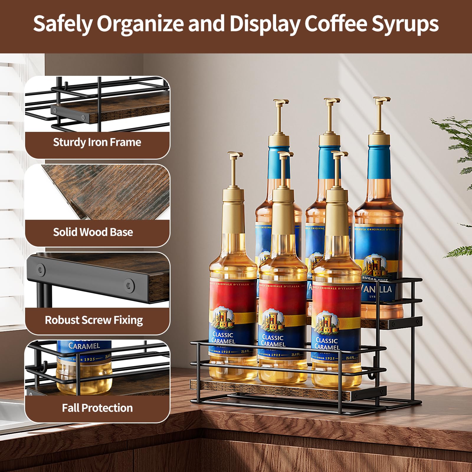 Nuovoware Coffee Syrup Organizer, 2-Tier 6 Bottles Separable Metal Rack with Wooden Base Whiskey Wine Dressing for Countertop Kitchen Bar, Black