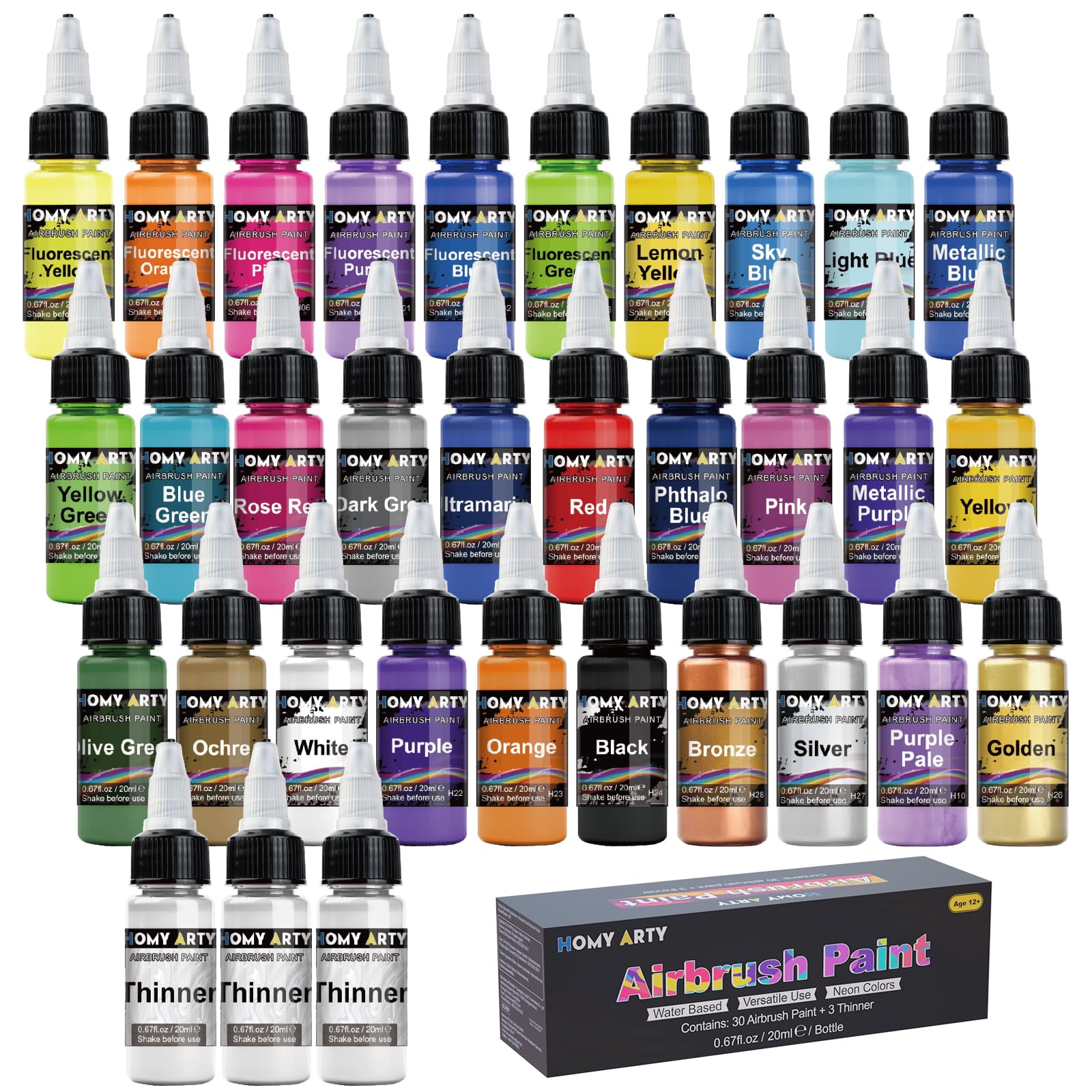 HOMY ARTY Airbrush Paint - 30 Colors with 3 Thinner, Ready to Spray Airbrush Paint Set, Water-Based Acrylic Airbrush Paints for Metal, Plastic Models, Canvas, Wood, 20ml/Bottle