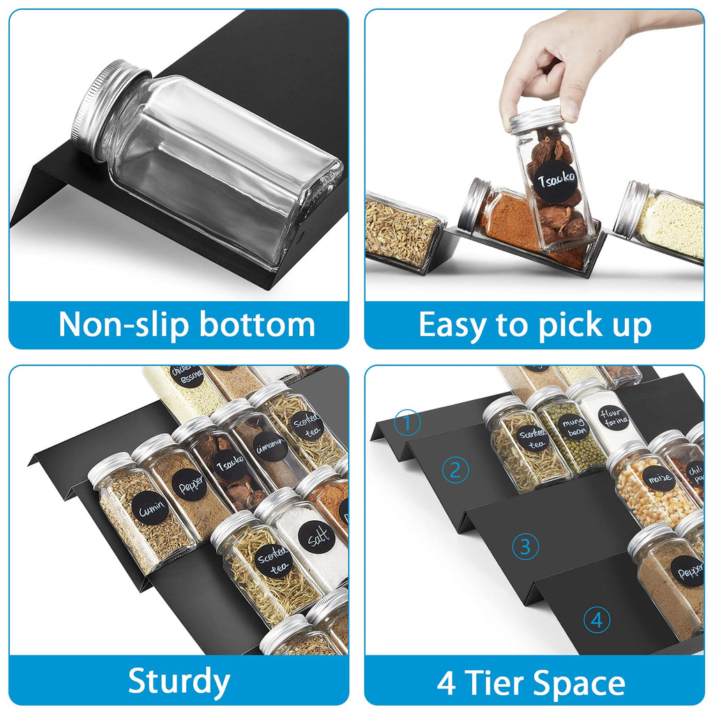 DEWVIE Spice Rack Tray for Drawer - Expandable 13" to 26" Tray Insert, Adjustable 4 Tier Spice Rack Drawer Organizer for Kitchen Cabinet Drawer, Sturdy Seasoning Jars Storage Rack, Black