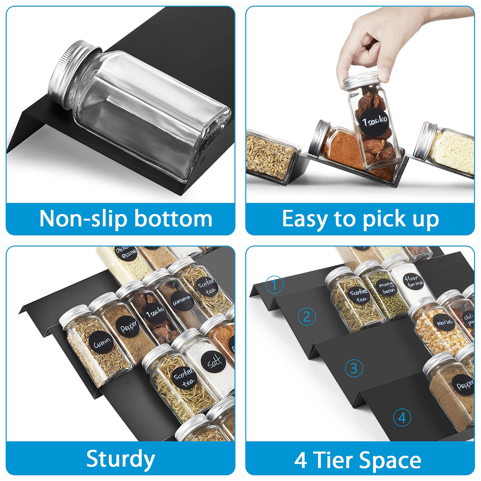 DEWVIE Spice Rack Tray for Drawer - Expandable 13" to 26" Tray Insert, Adjustable 4 Tier Spice Rack Drawer Organizer for Kitchen Cabinet Drawer, Sturdy Seasoning Jars Storage Rack, Black