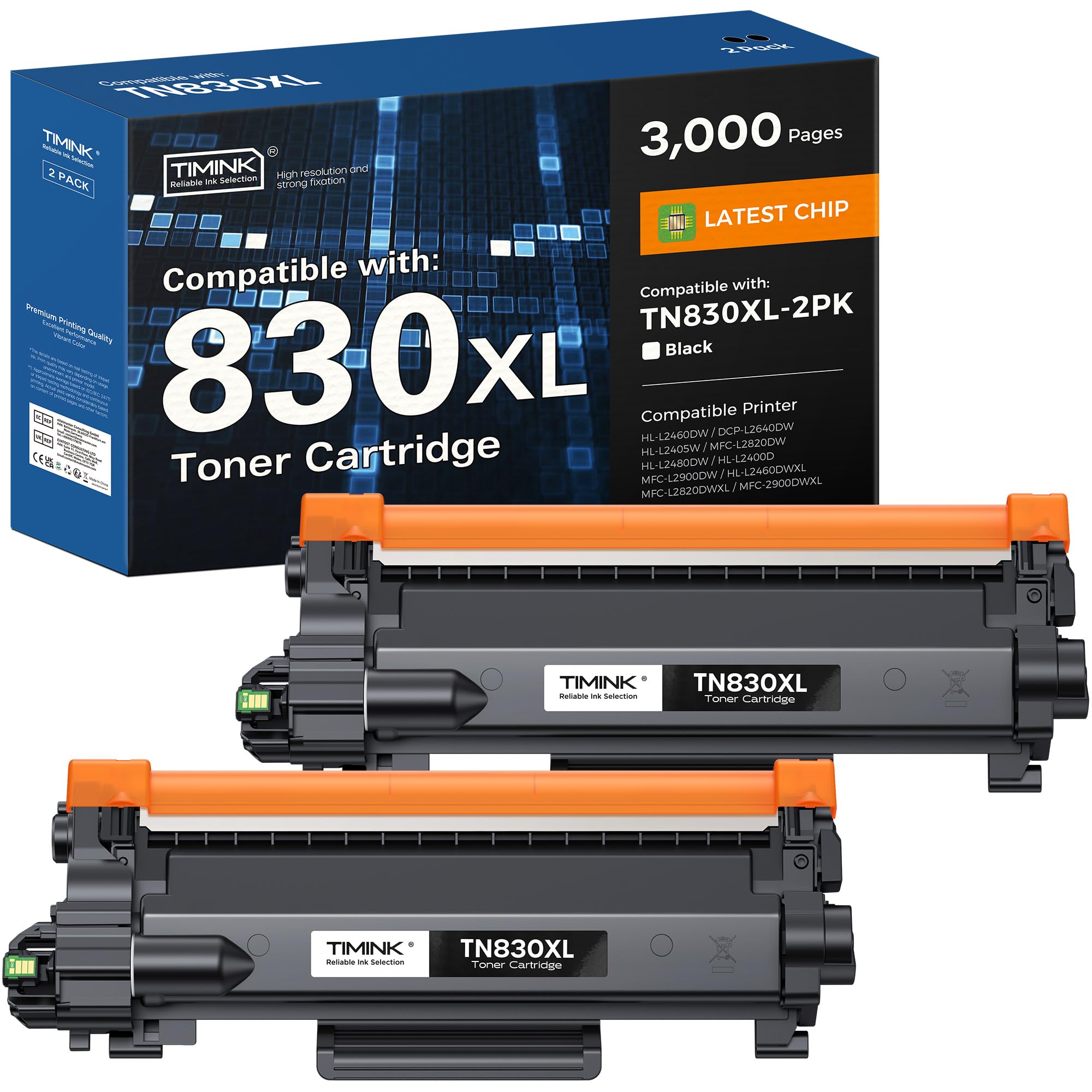 Compatible TN830XL Toner Cartridges Replacement for Brother TN830 TN-830XL 830XL Toner Cartridge Work with Brother HL-L2460DW DCP-L2640DW HL-L2400D HL-L2405W MFC-L2820DW Printer (2 Pack, Black)