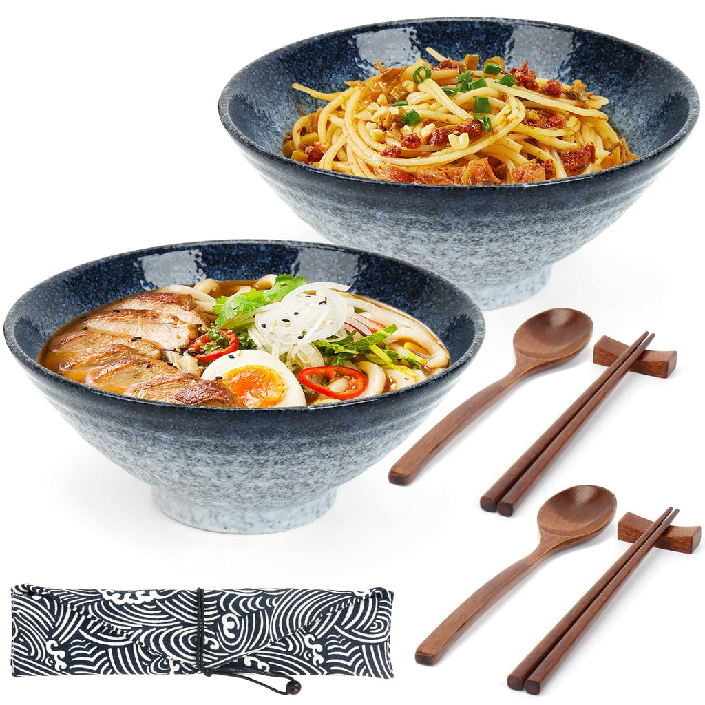 Ceramic Ramen Bowl Set of 2,35.5oz Japanese Ramen Bowls Soup Bowls Set with Spoon and Chopsticks and Chopstick Holders for Udon Soba Pho Asian Noodles (Blue-Grey)