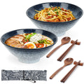 Ceramic Ramen Bowl Set of 2,35.5oz Japanese Ramen Bowls Soup Bowls Set with Spoon and Chopsticks and Chopstick Holders for Udon Soba Pho Asian Noodles (Blue-Grey)