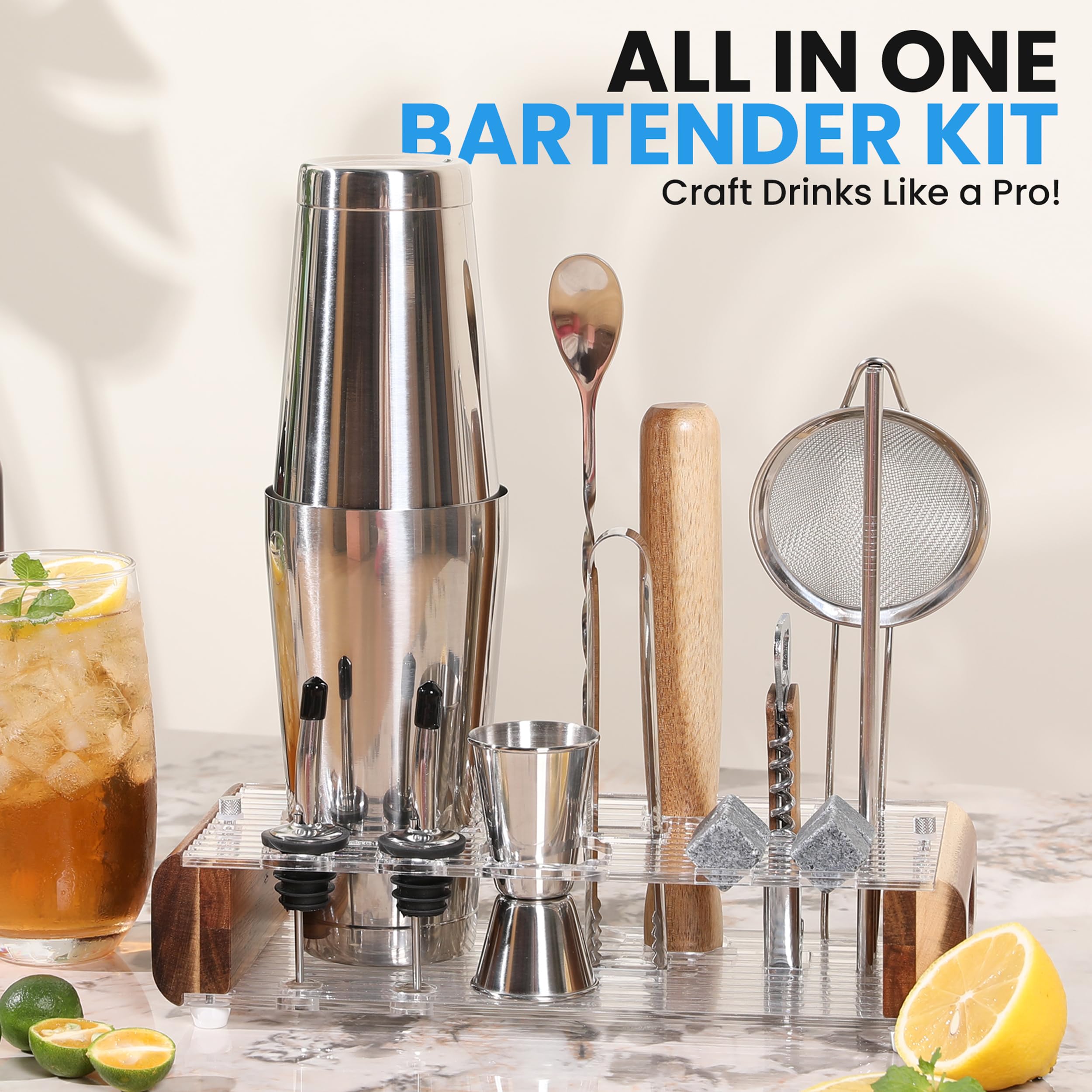 Mixology Bartender Kit with Wood Stand-18 Piece Bar Tool Set, Silver Bar Set Boston Shaker for Drink Mixing-Includes Boston Shaker, Jigger, Hawthorne Strainer, Mixer Spoon, Tongs, Opener|Gift Idea