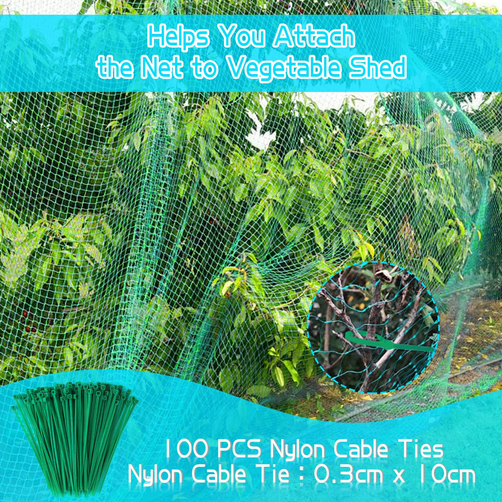 Anti-Bird Netting 33Ft x 13Ft (10m x 4m) Woven with 100Pcs Cable Ties Garden Farm Plants Fencing Mesh Fruits Protector Durable Fish Ponds Cover Green
