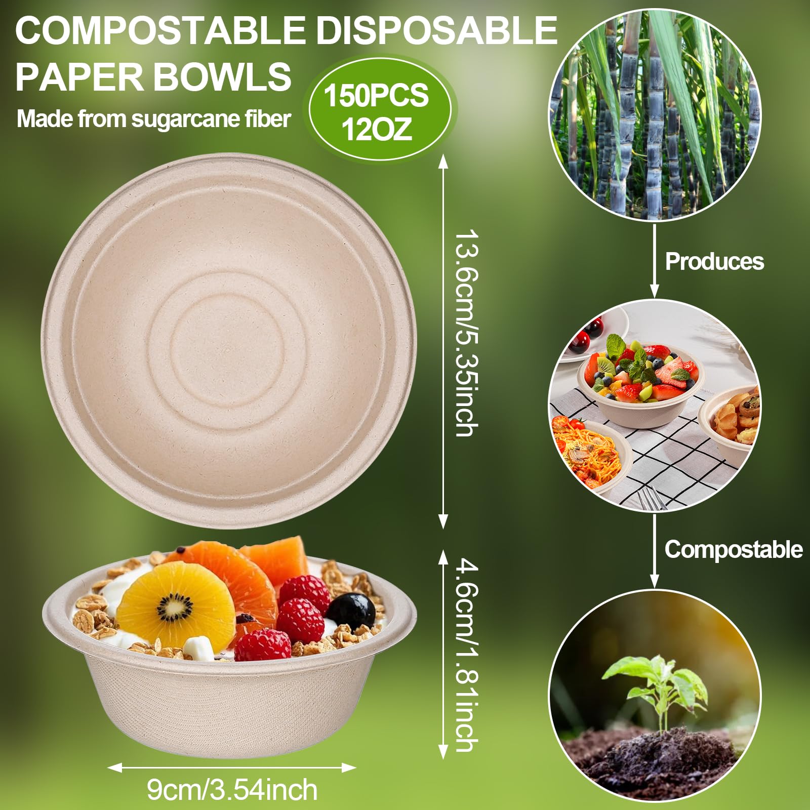 150 Pack 12 OZ Paper Bowls, Compostable Biodegradable Disposable Soup Bowls Bulk Heavy-Duty Round Eco-Friendly Sugarcane Bowls Hot Cold Food Serving Plates and Bowl for Salad, Dessert, Chili for Party