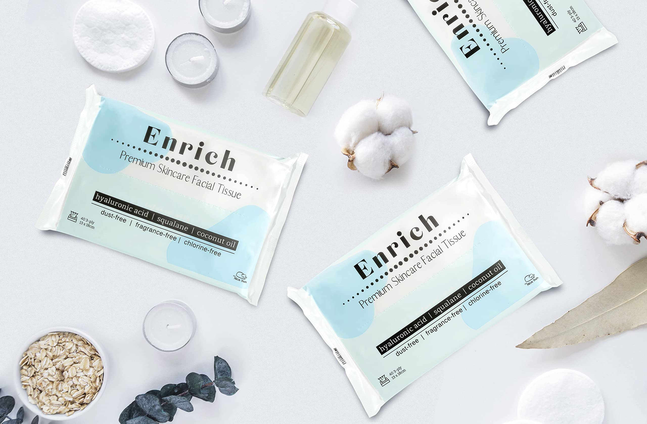 The Nice Bum Enrich Tissues Travel Pack | Premium Skincare Facial Tissue | Non-GMO & Vegan | Dust, Fragrance, and Chlorine-Free | Ultra-Strong 3-Ply | 40 Tissues Per Pack | Pack of 15