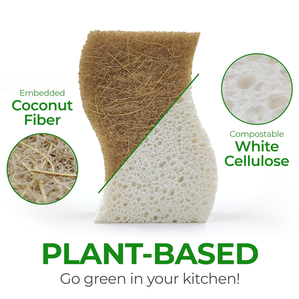 AIRNEX 12 Pack Biodegradable Natural Kitchen Sponges - Eco Friendly Cellulose and Coconut Dish Scrubbers - Non Scratch, Odourless Dual Sided Multipurpose Sponges