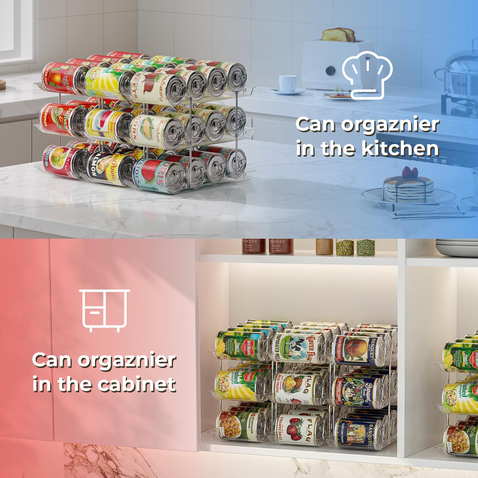 BingoHive Can Organizer for Pantry Stackable 3 Tiers Can Storage Organizer Pantry Soda Can Organizer for Fridge 36 Cans Rack Automatic Rolling Canned Food Organizer for Refrigerator Kitchen Clear