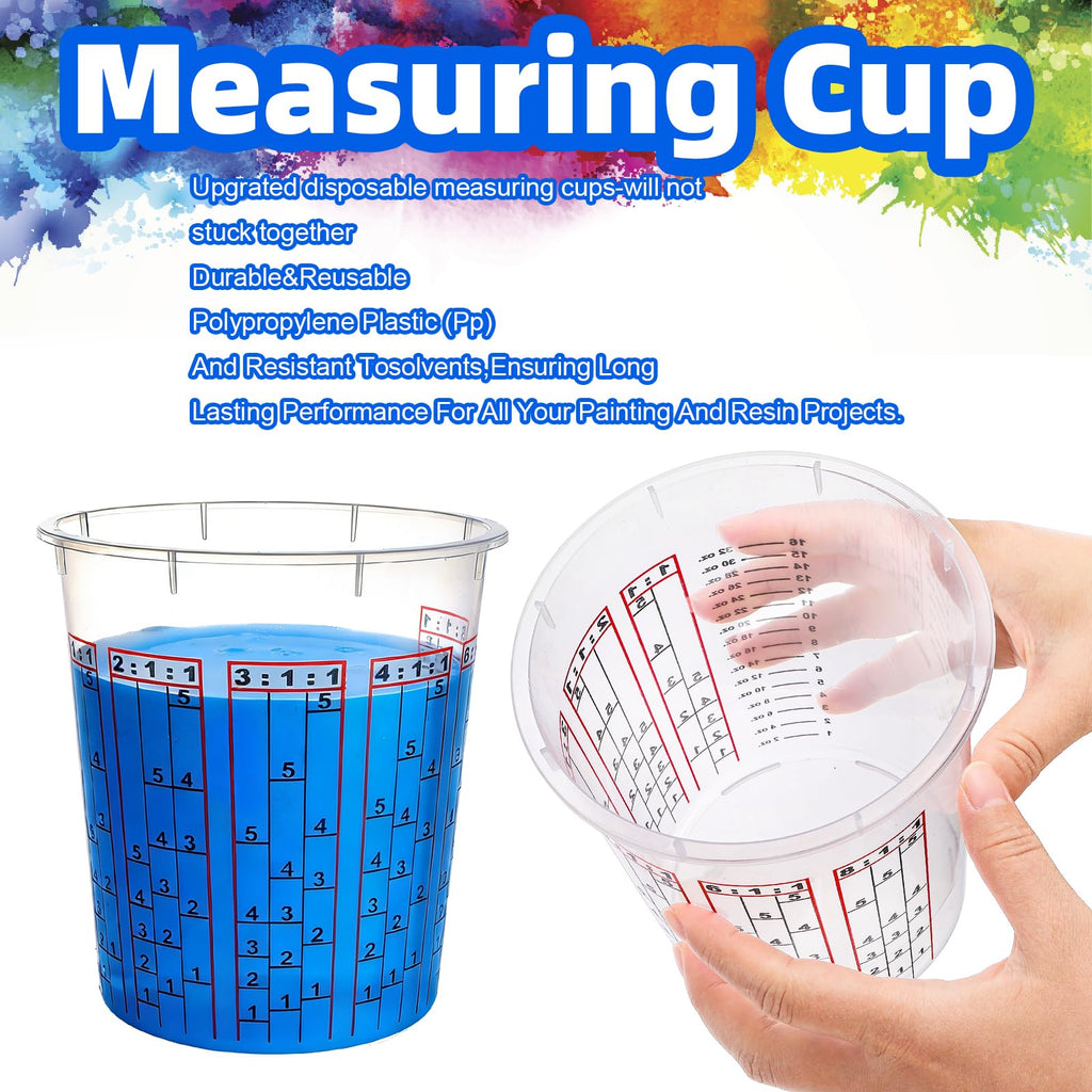 Yesland 30 Pack Paint Mix Cups with Lids, 32 Ounce Plastic Paint and Epoxy Mixing Cups with Calibrated Mixing Ratios on Side of Cup