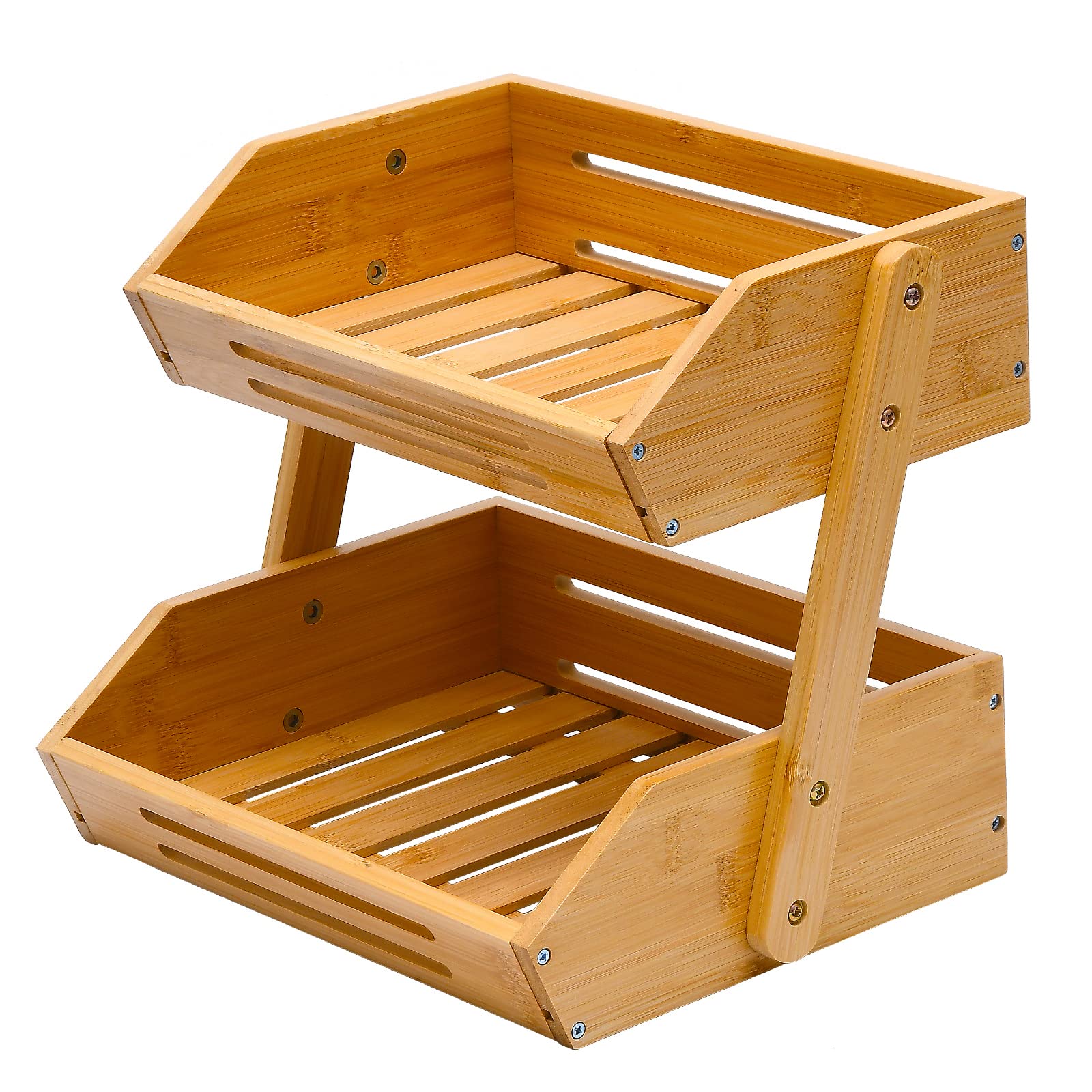 VIKEYHOME 2-Tier Bamboo Fruit Basket, 11" Tall, Multipurpose, Large Capacity, Natural, 15 mm Thickness (Self-Assembly)