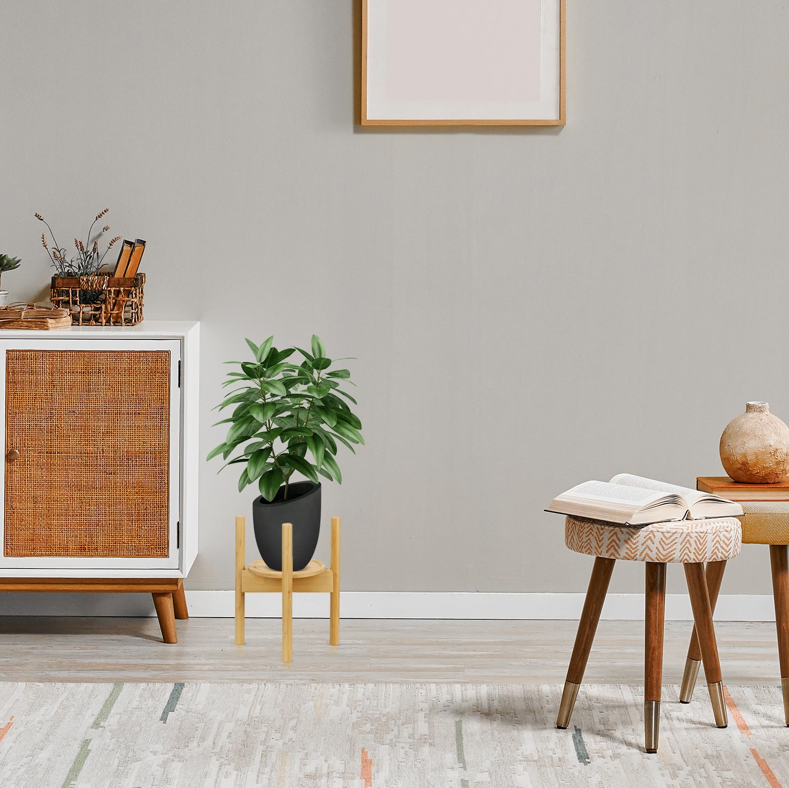 Plant Stand with Tray, Mid-Century Modern Flower Pot Holder, Adjustable Plant Stand for Multiple Pots, Indoor Space Saving Vertical Plant Shelf, Fits Pots Size of 20-30 CM (Plant Pot NOT Included)