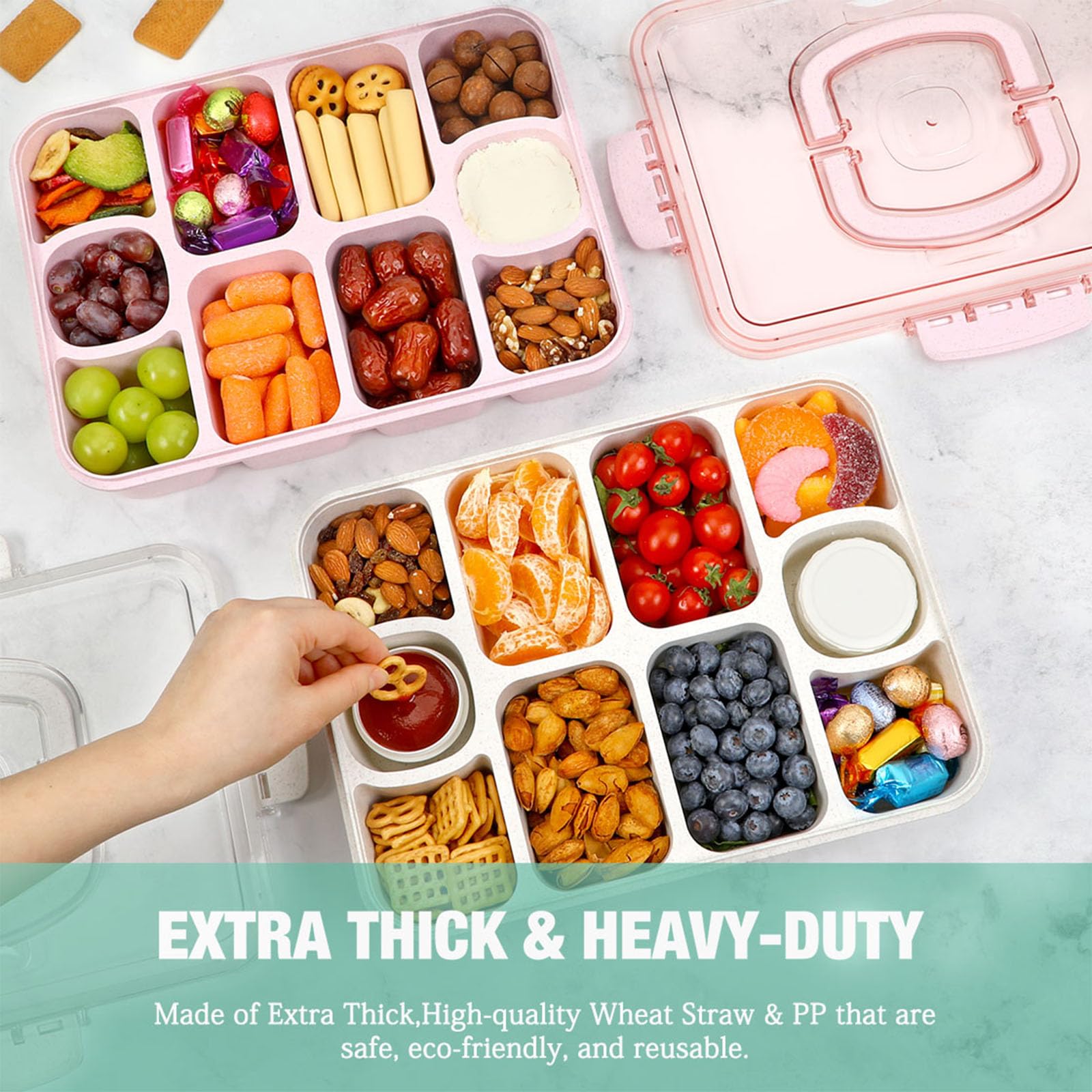 Caperci Large Snack Box Container - 10-Compartment Divided Serving Tray with Lid and Handle & 2 Dip Containers, Dishwasher Safe, Leak-Proof, Wheat Straw, BPA-Free (Pink)