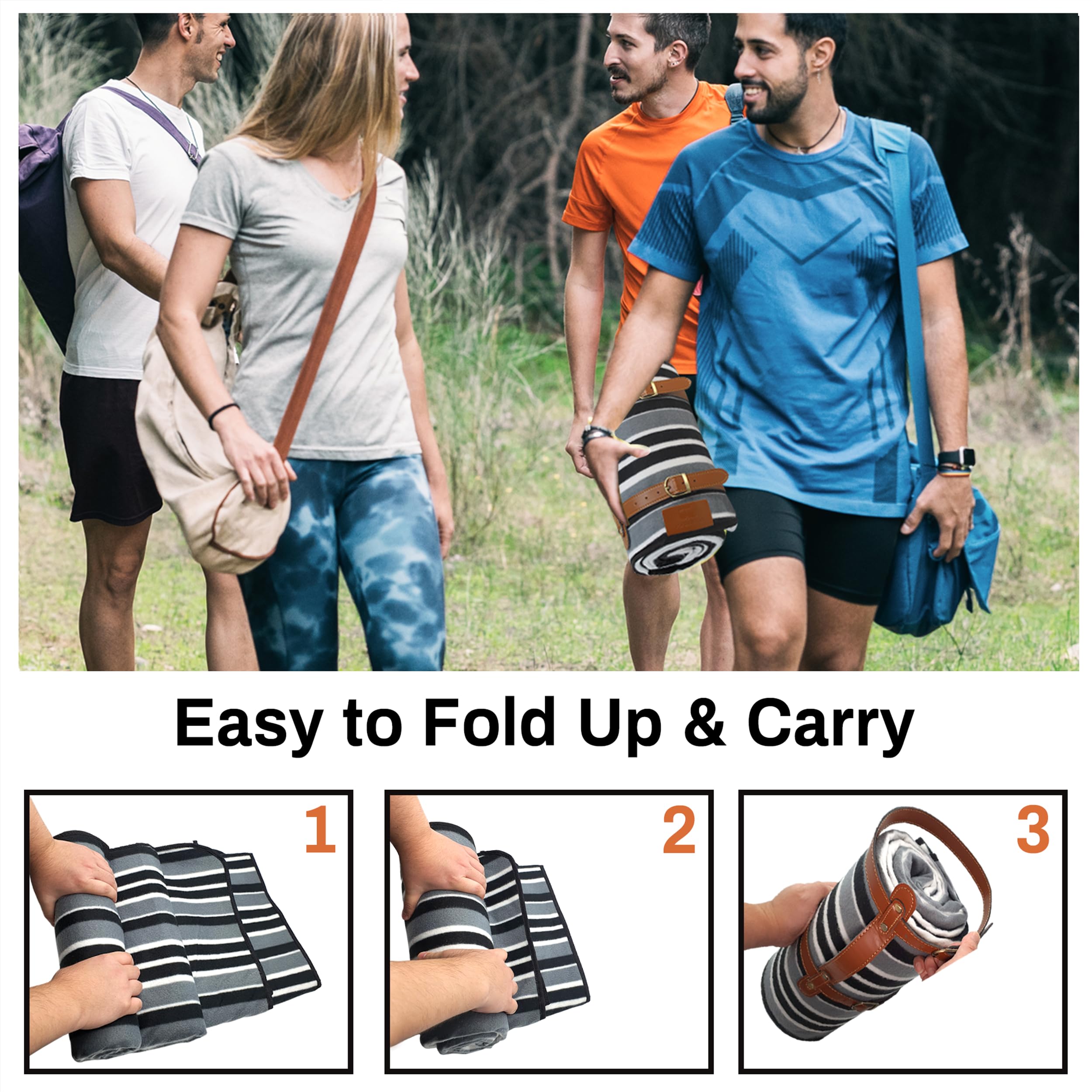 PortableAnd Large Picnic & Outdoor Blanket Sand Proof and Waterproof Picnic Blanket Tote for Camping Hiking Festivals Travelling (White and Black)