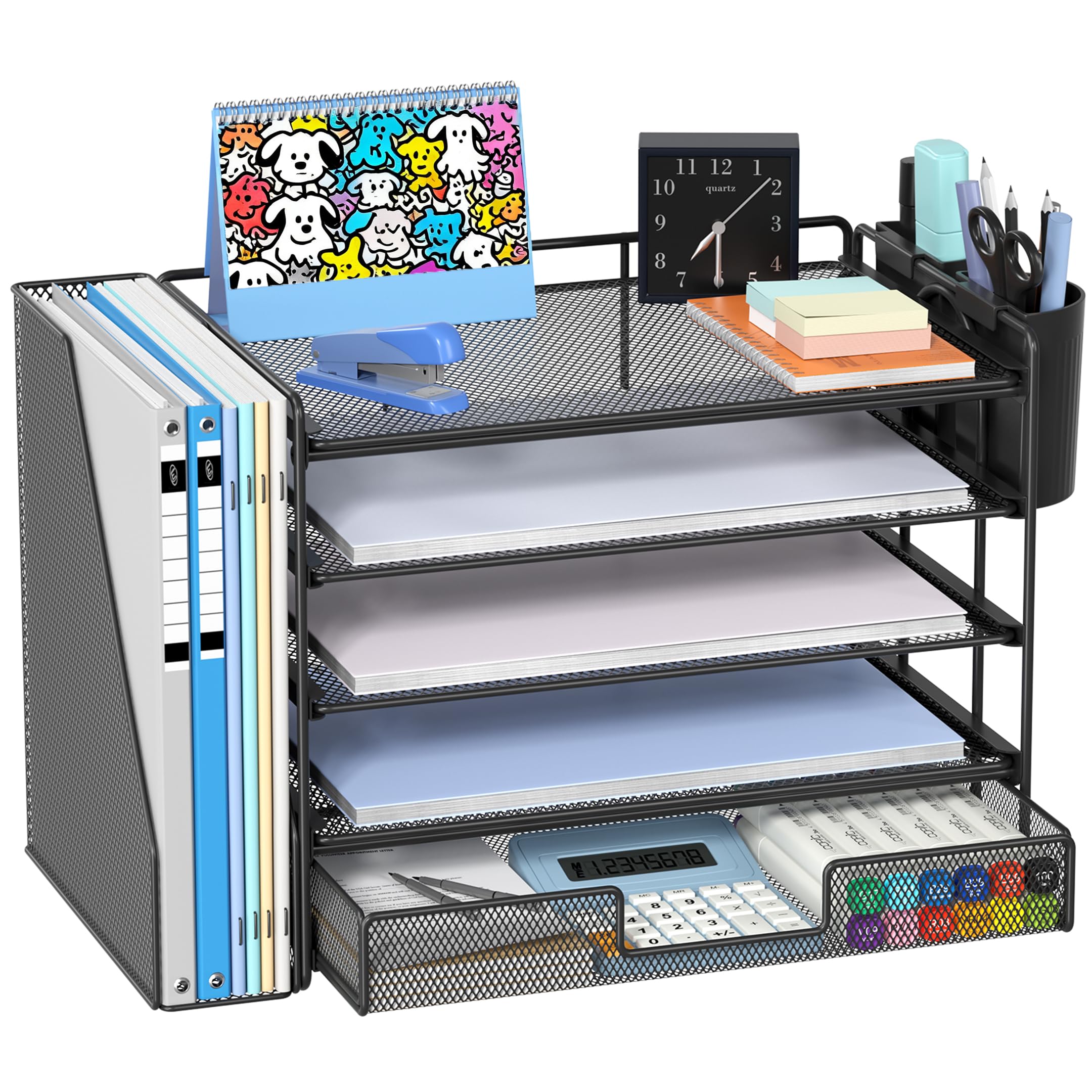 Gugsey Desk Organizer with File Holder, Organisateur et Accessoire de Bureau, 5-tier Paper Letter Tray with Drawer and Pen Holder, Mesh Desktop Office Supplies for School, Home, Office (Black)