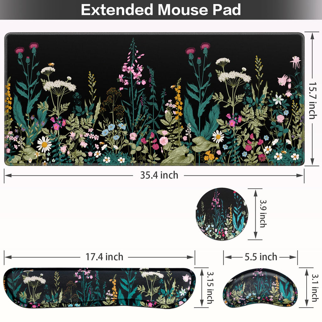 Mouse Pad, Large Gaming Mouse Pad with Wrist Rest, 4in1 XXL Desk Mat+Keyboard Wrist Rest+Wrist Support+Cup Coaster Set Ergonomic Floral Computer Desk Arm Wrist for Decor Home Office Women