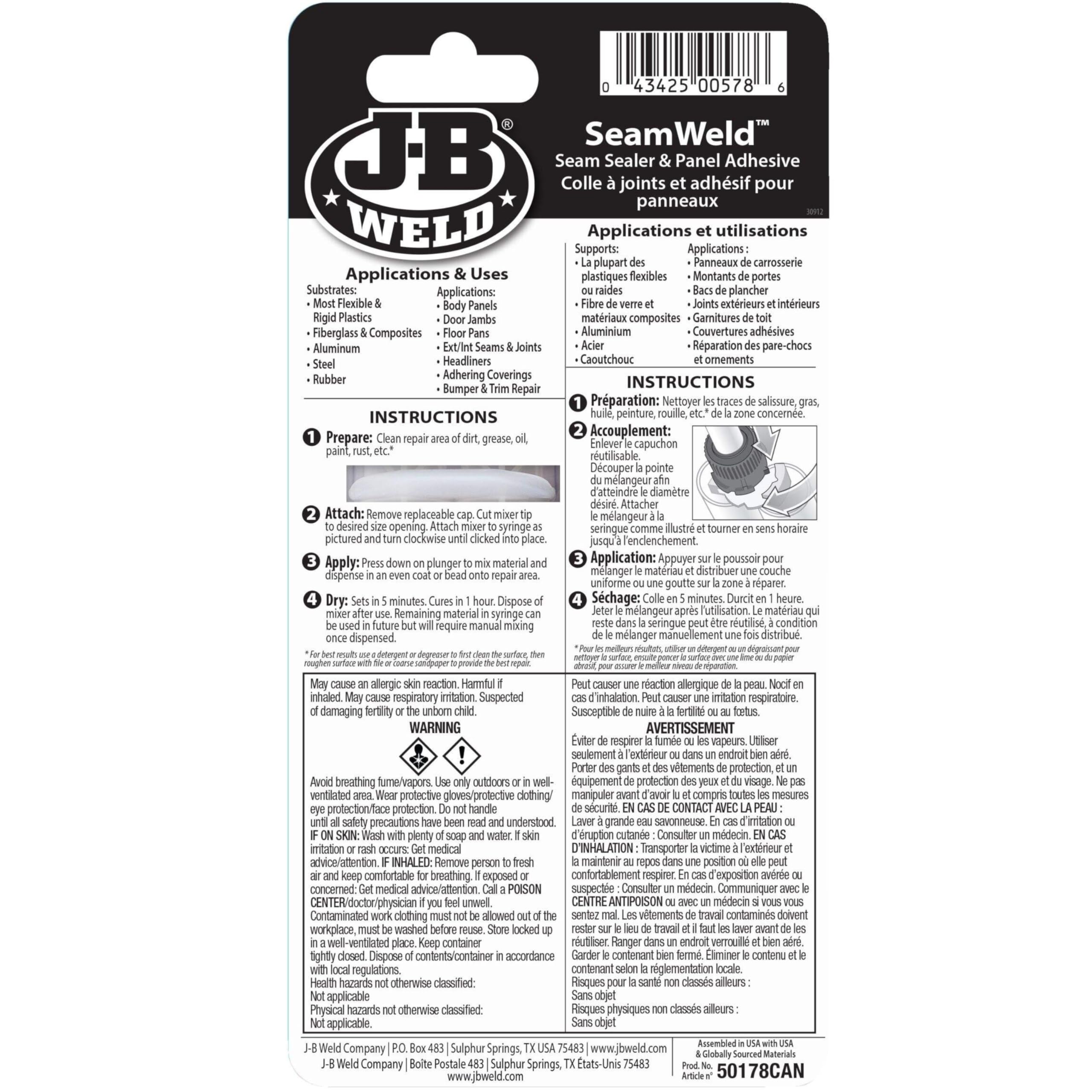 JB Weld SeamWeld Seam Sealer & Panel Adhesive, White, 25ml (Pack of 1) – Vibration & Impact Resistant, Protects Against Corrosion - Ideal for Body Panels, Door Jambs, Ext/Int Seams & Joints