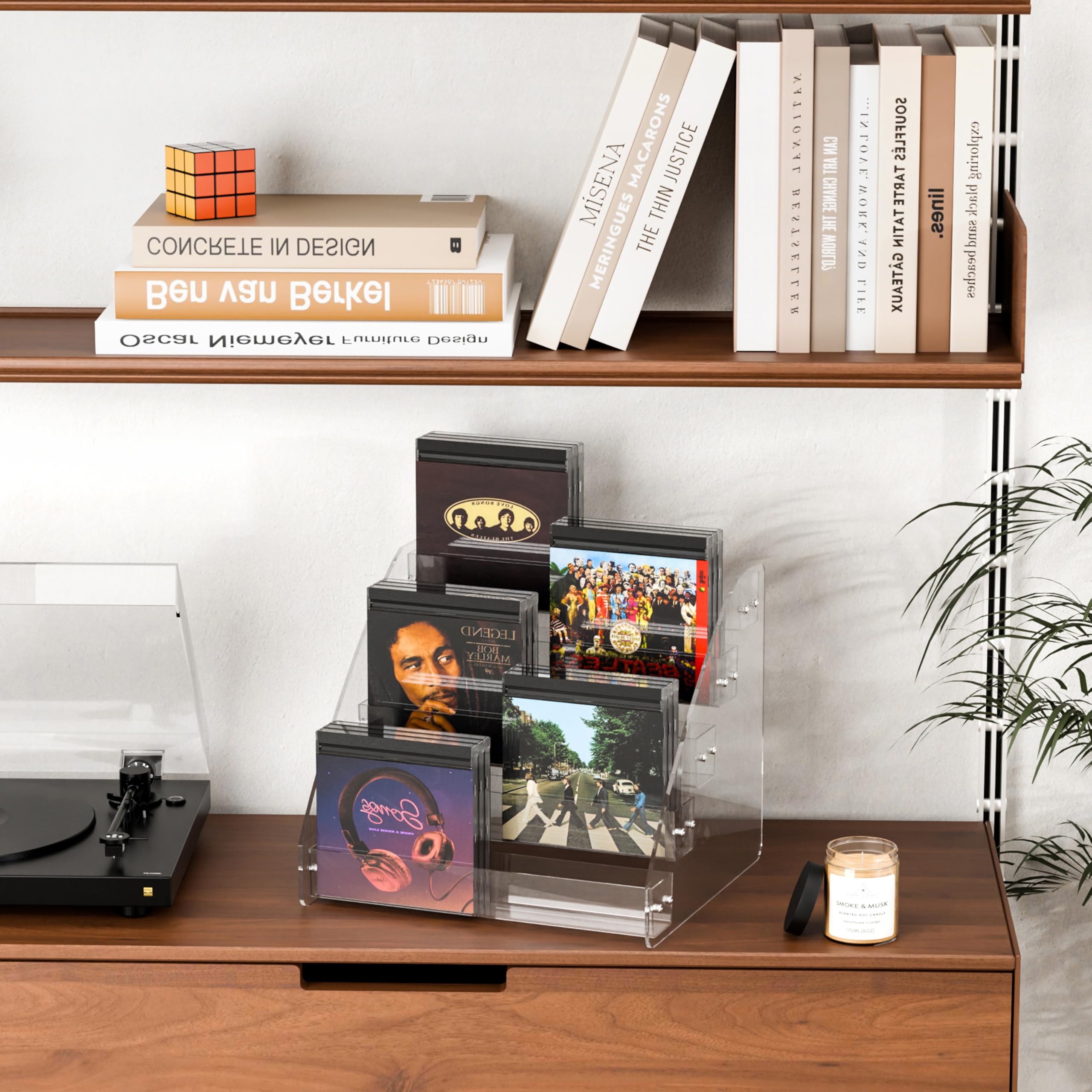 YFEEN CD Holder 5 Tier Clear Acrylic CD Organizers, CD Display Rack Holds up to 30 Standard DVD Cases for Media Shelf Storage and Organization