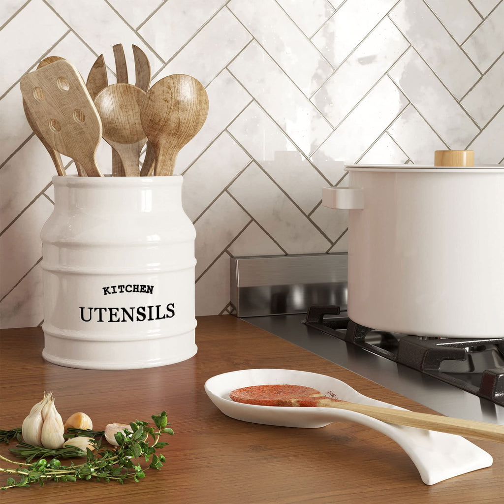 Barnyard Designs Ceramic Utensil Crock Holder for Kitchen Counter, Rustic Farmhouse Countertop Decor, French Country Organizer for Cooking Utensils, Spatulas and Mixing Spoons (White)